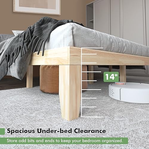 Miniatura 7 de COSTWAY Marco de cama de plataforma tamaño King, base de colchón de madera de goma maciza de 14 pulgadas con soporte de listones resistentes, marco