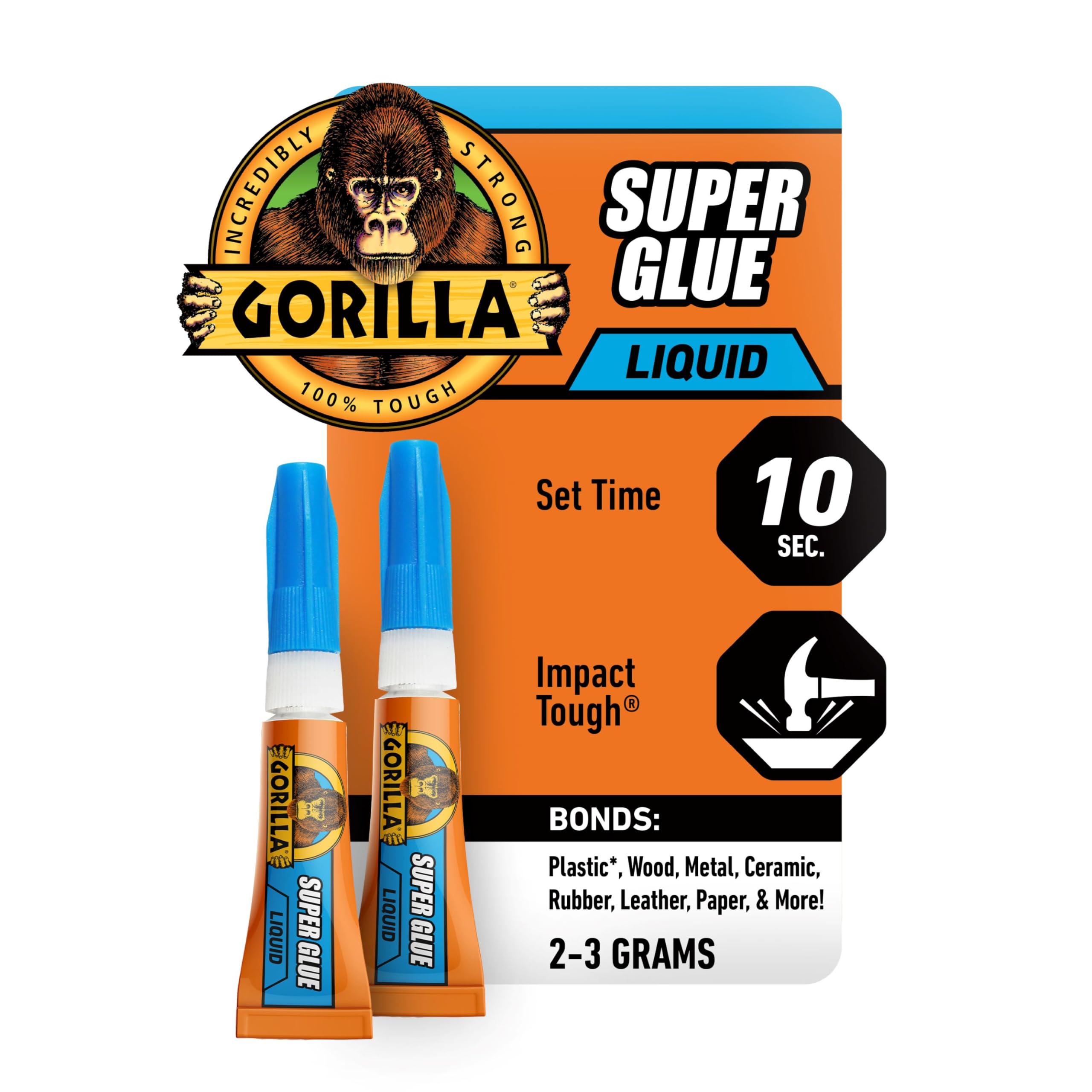 Gorilla Super Glue, Clear , 3g tube 2 pack ,7800101