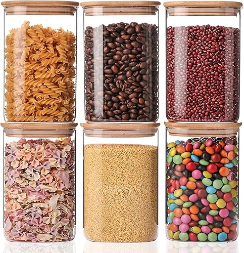 YUNCANG Paquete de 6 tarros de almacenamiento de vidrio transparente de 37 onzas con tapa hermética de bambú, apilables, para dulces, galletas,