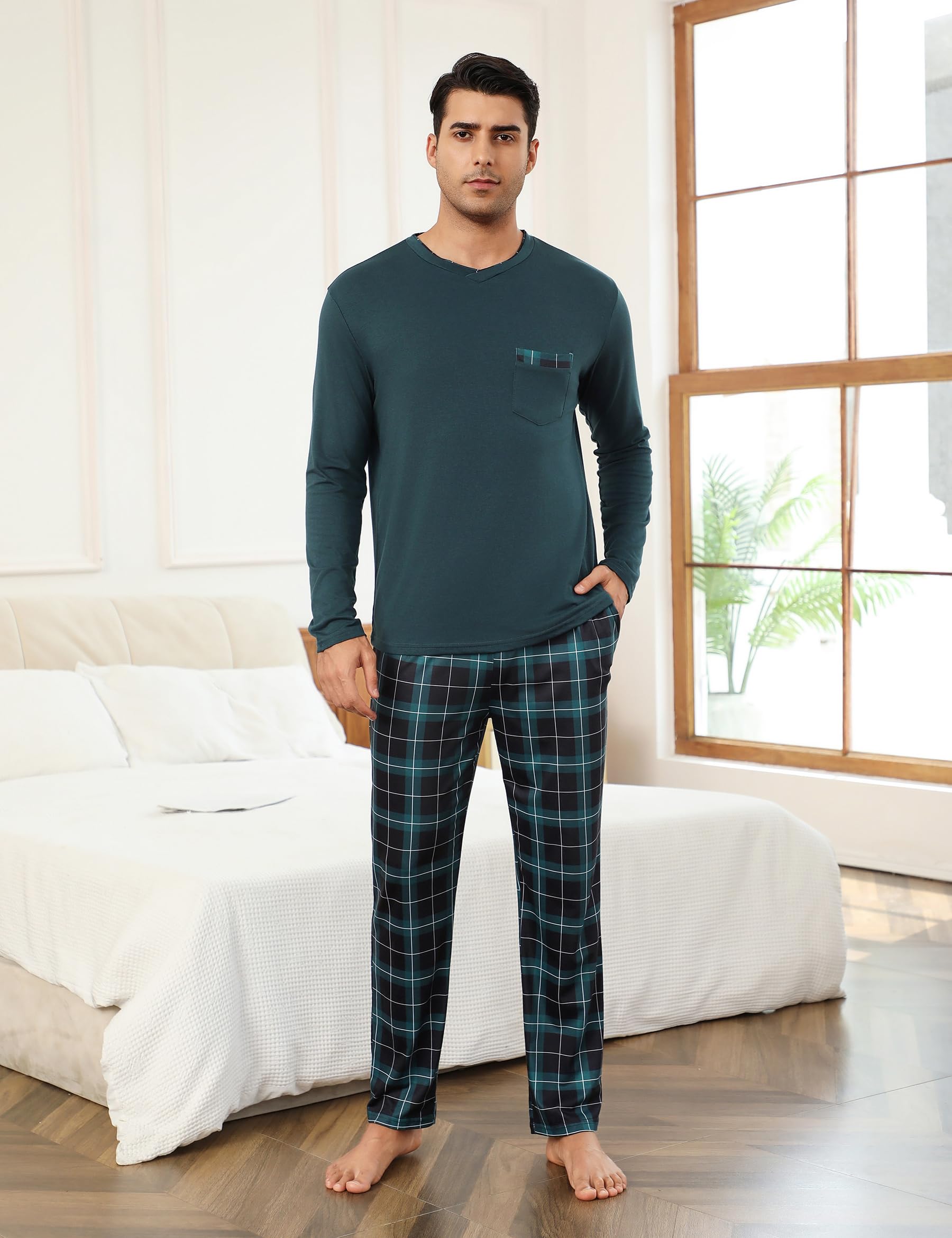 Leversic Pigiama Uomo Invernale Pigiama Lungo Cotone Uomo Pigiama da Uomo Scollo a V Pigiama Due Pezzi Pigiama Maniche Lunghe e Pantaloni a Quadri S-3XL