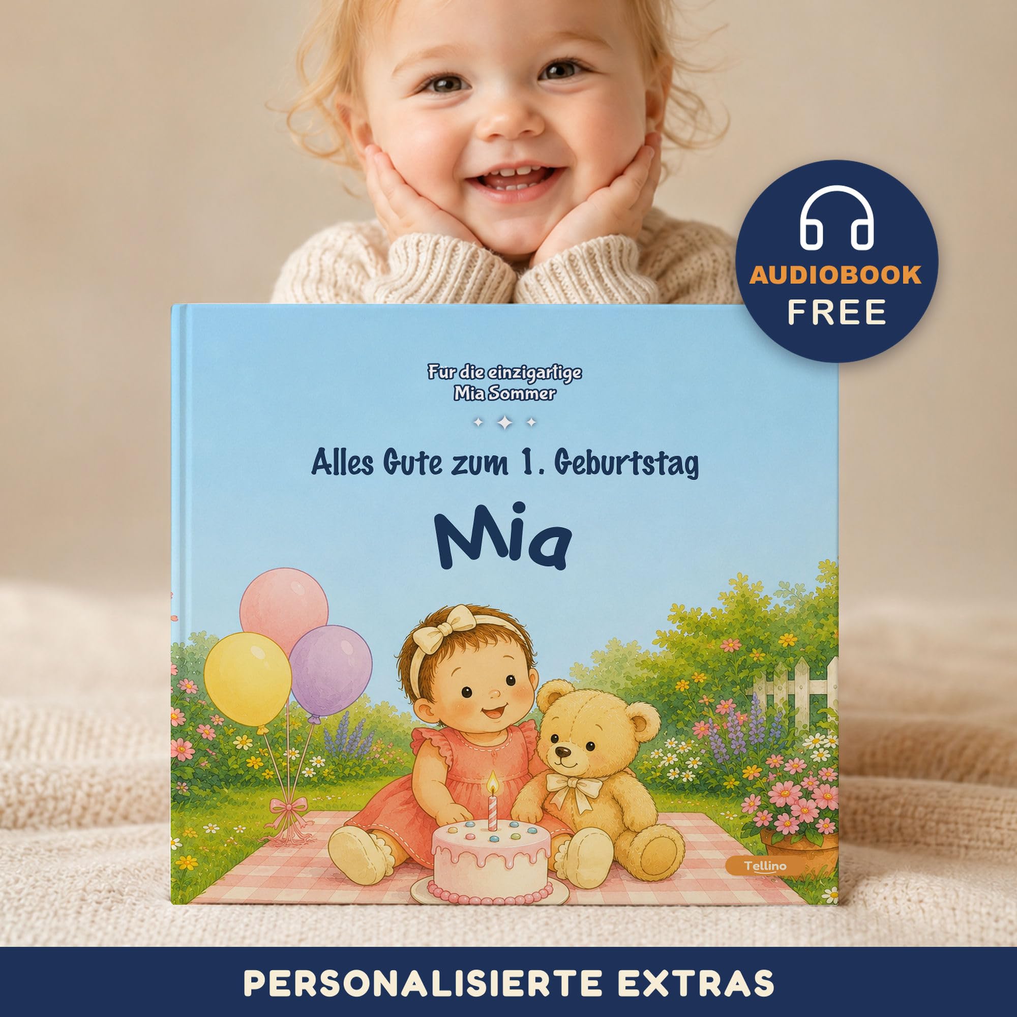 Personalisiertes Kinderbuch mit Namen zum 1. Geburtstag - Babybuch Mädchen, Figur frei wählbar - Hardcover inkl. Hörbuch - Geschenk für Enkelin & Patenkind