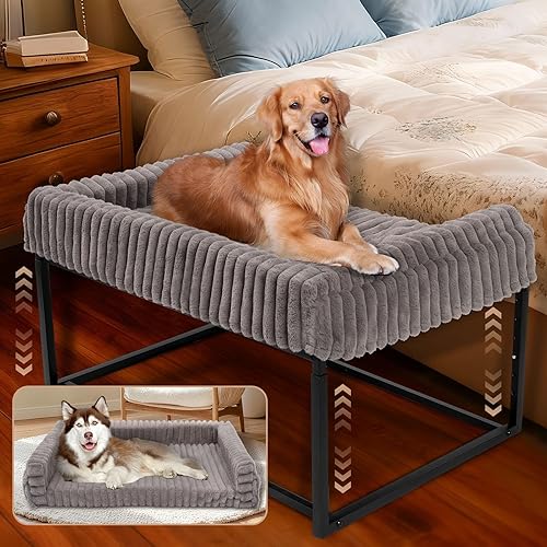 Cama ajustable para perros grandes, cama elevada para perros con marco de metal, colchón de espuma viscoelástica y funda de pana lavable, cama de
