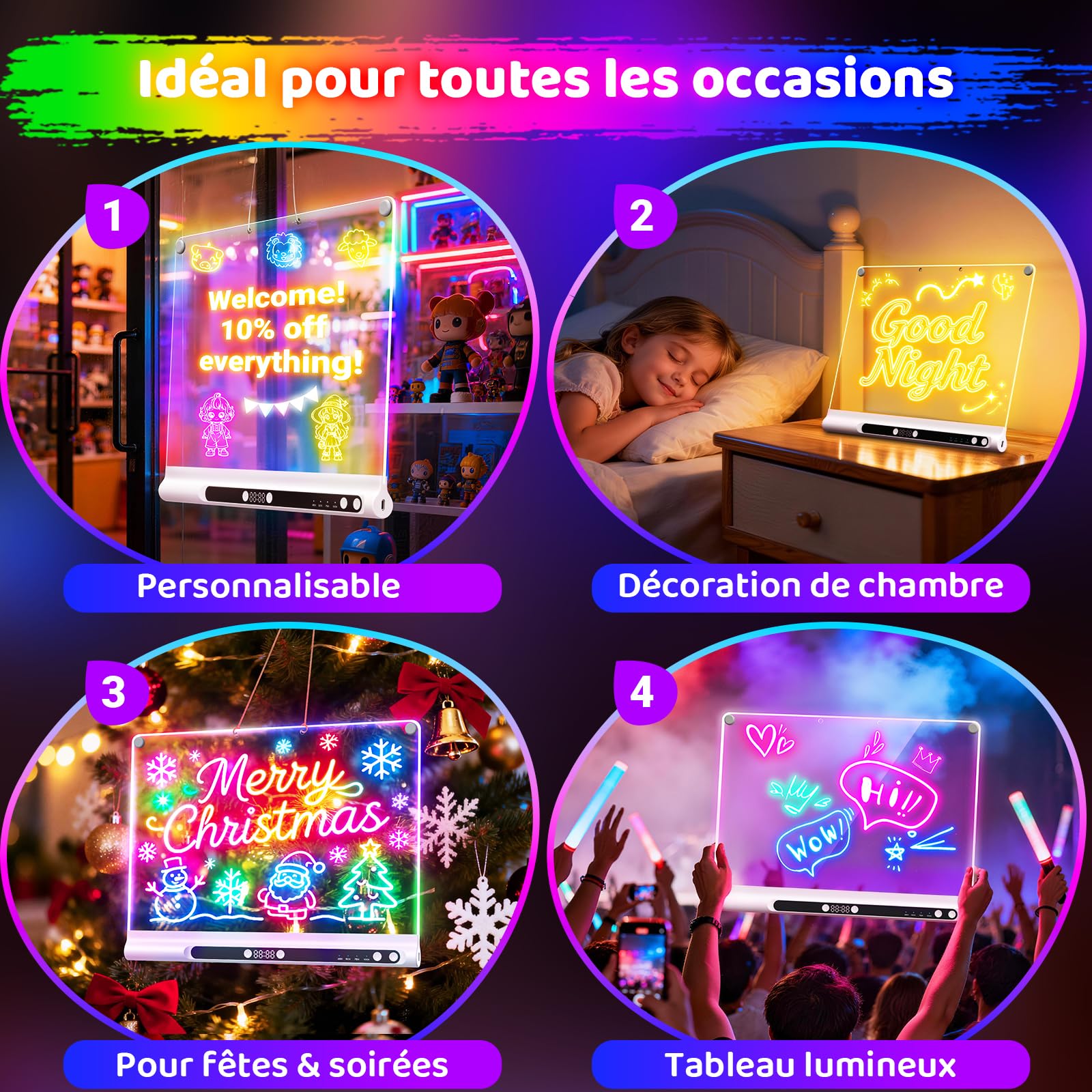 Tableau lumineux LED rechargeable 41 cm, 9 modes lumineux avec minuteur & support, tableau acrylique néon effaçable à sec, cadeau enfants/filles/ados, 6 feutres & livre de modèles, Blanc