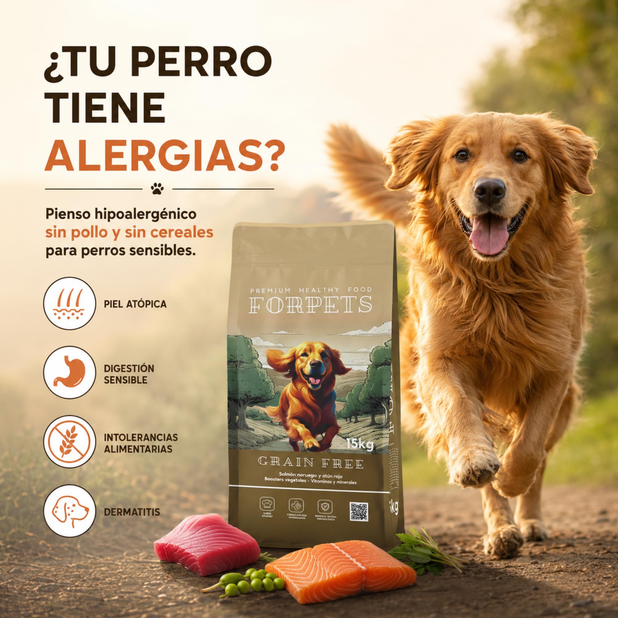 Pienso Hipoalergénico para Perros Sin Cereales 15 kg | Salmón Noruego | Perros Alérgicos, Digestión Sensible y Piel Atópica | Sin Pollo | Pienso Grain Free | FORPETS