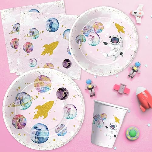 Miniatura 7 de Vajilla para decoración de cumpleaños del espacio exterior para niñas, suministros de fiesta temática de astronautas de galaxia, planeta espacial,