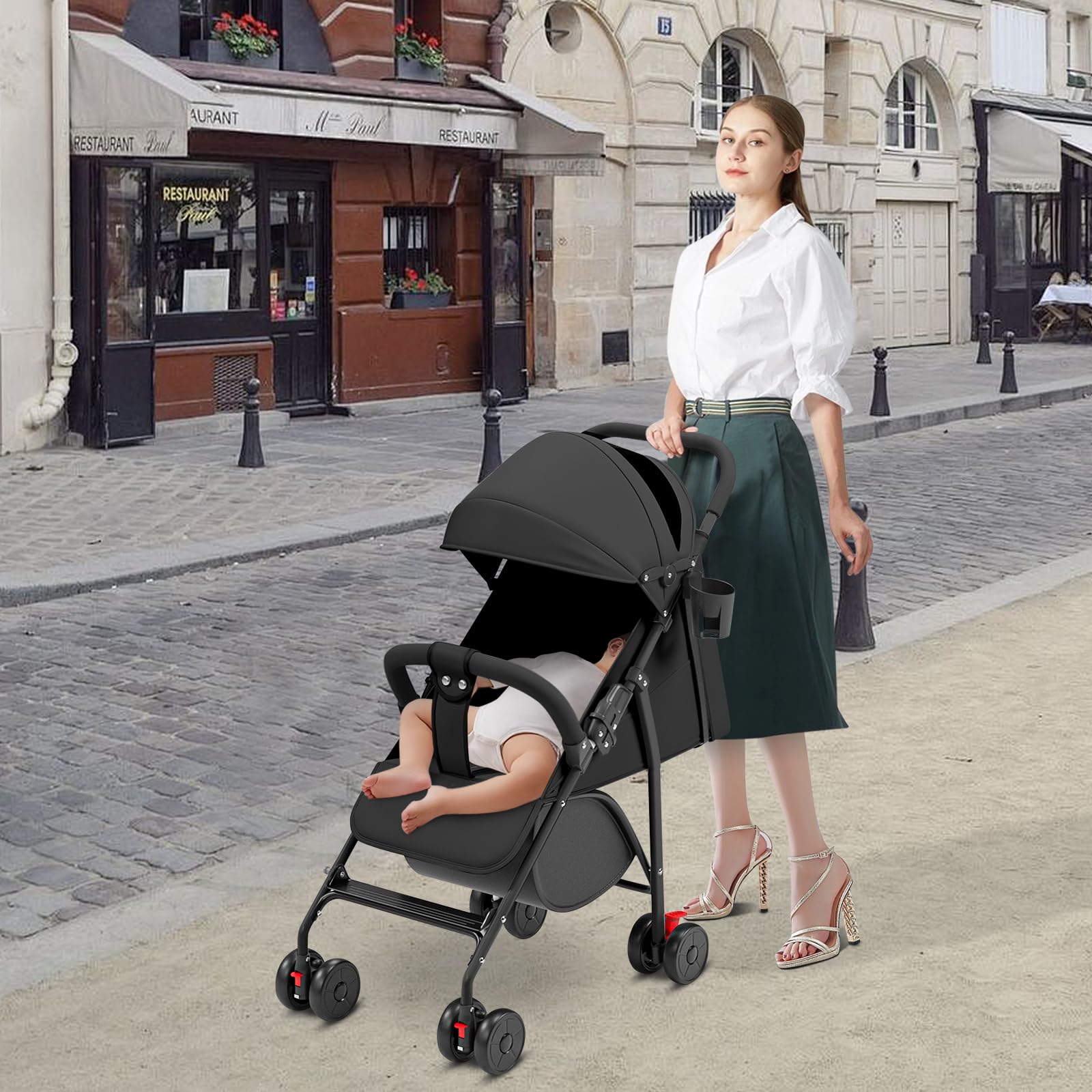 OHMG Poussette Canne,Poussette Canne Compacte 0-36kg,Poussette de Voyage avec Cotons et Moustiquaire,Panier D'achat avec Fonction Extensibler,Capote Extensible (C-Noir)