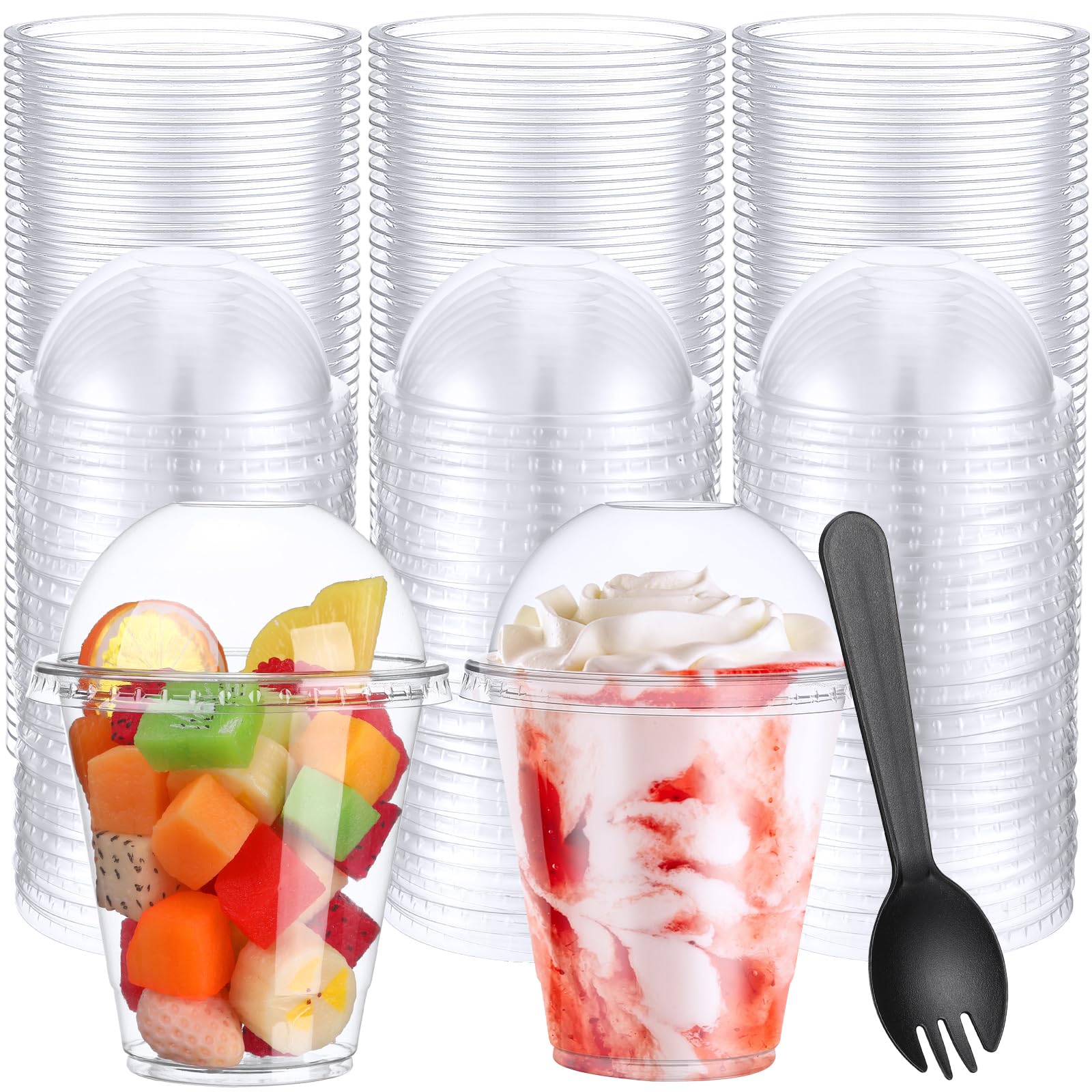Gandeer 200 Pack Clear Plastic Cups 12 oz Dessert Yogurt Parfait Banana Pudding Pet Disposable Cups with 200 Pcs Sporks for Fruit Ice Cream Party
