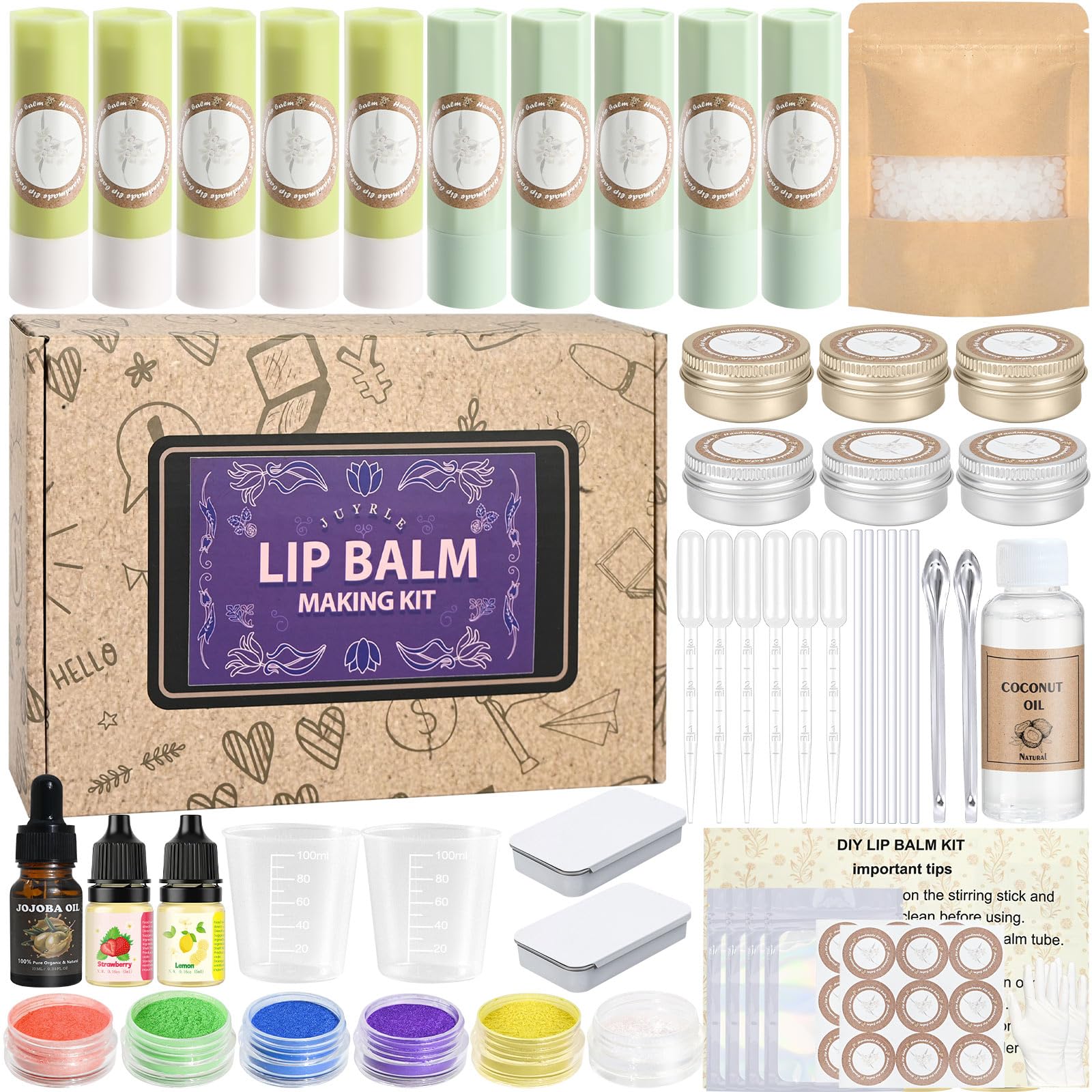 Lipgloss Selber Machen, JUYRLE Lippenbalsam Making Kit, Feuchtigkeitsspendend Kokosöl Mädchen Lippenpflege Lippenstift DIY Herstellungsset Set, Einfaches Kosmetik Make Up Geschenk für Frauen/Damen