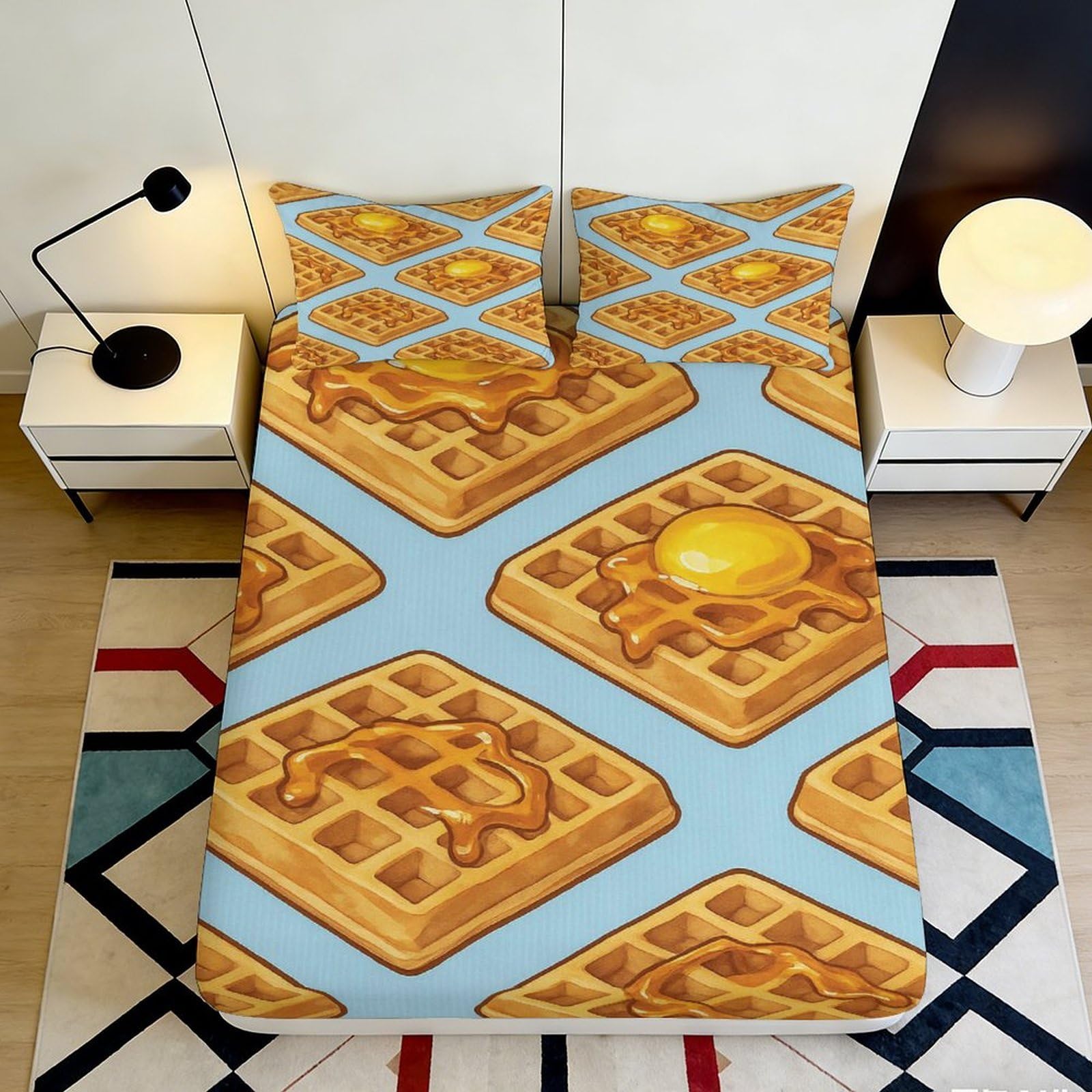 3D Printed Waffle Breakfast Fitted Sheet Microfiber Non-slip Egg Syrup Bed Cover Bedroom Decor Mattress Protector 180x200x25cm