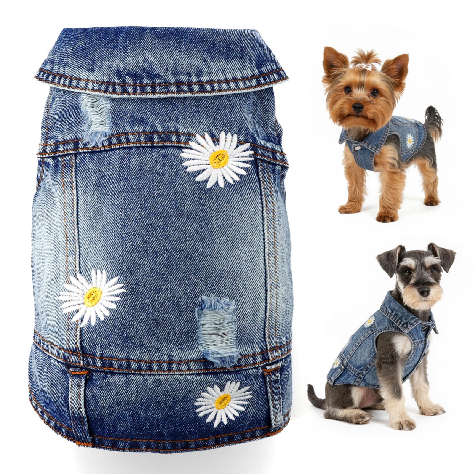 犬服 3S わんこの普段着　デニム色に小花 Amazon | pawstrip 犬服 デニム ジャケット ドッグウェア ベスト 春夏