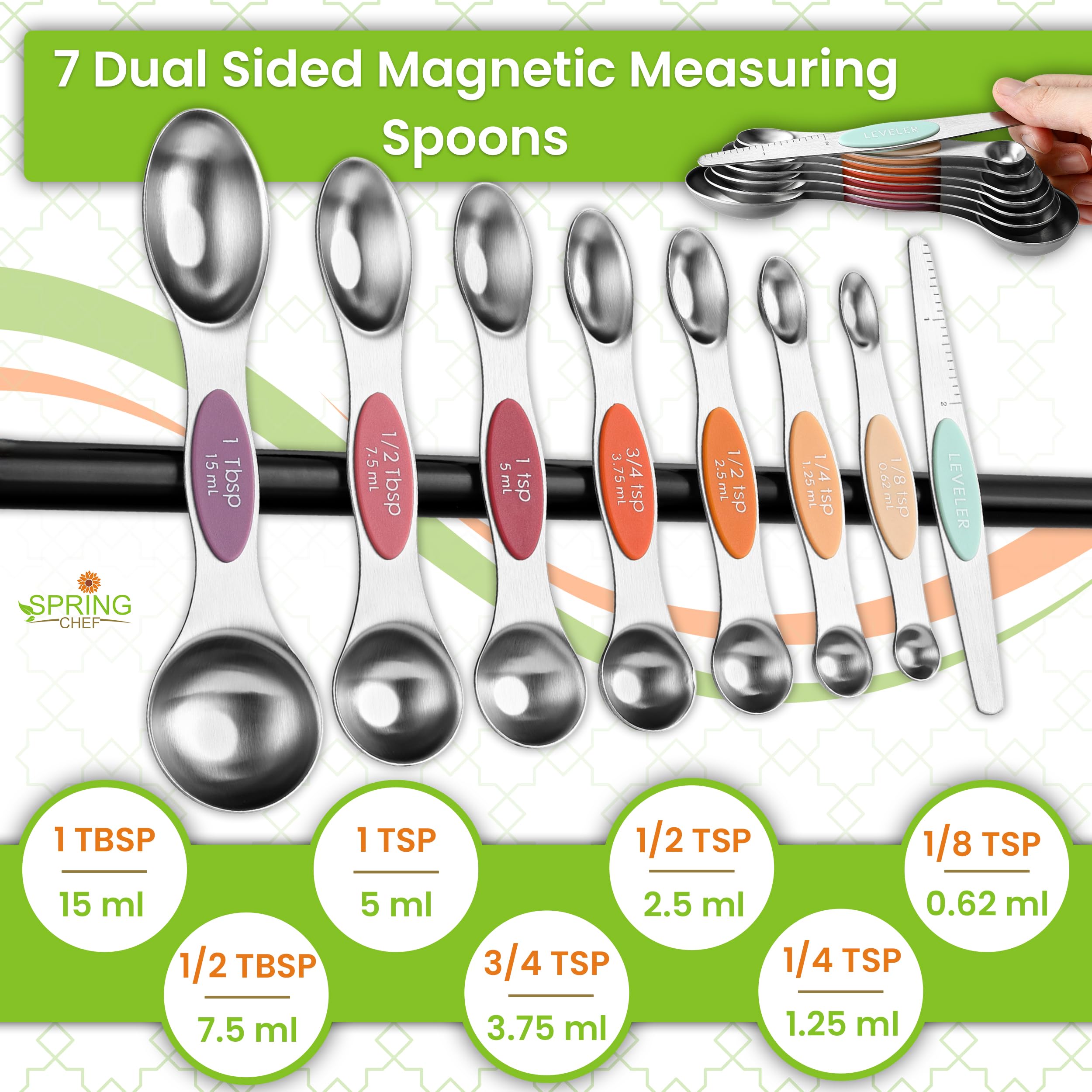 Spring Chef 16 magnetische Messbecher und Löffel, patentiert, Desert Sunset | Edelstahl-Messbecher und robuste Metall-Messlöffel mit Nivellierern für trockene und flüssige Zutaten