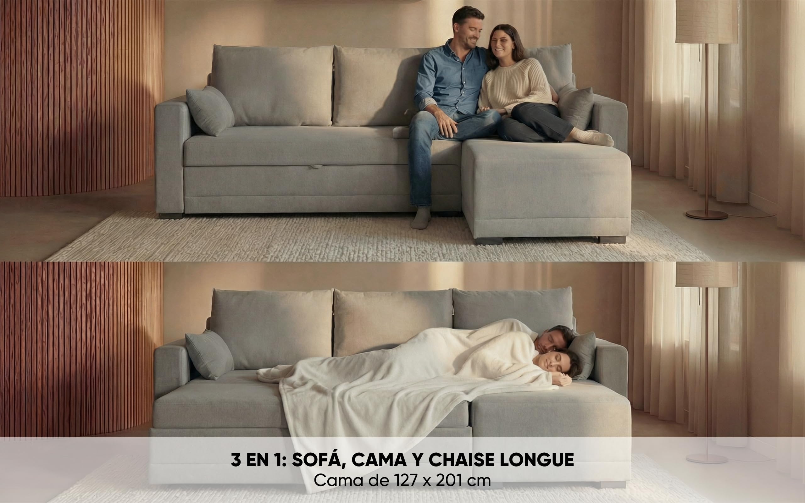 BUDWING Leah Sofá Cama Esquinero 3 Plazas - Chaise Longue Reversible y 2 Cojines Decorativos – Tapizado en Poliéster – Estilo Moderno – 233x124x69 cm – Gris Claro