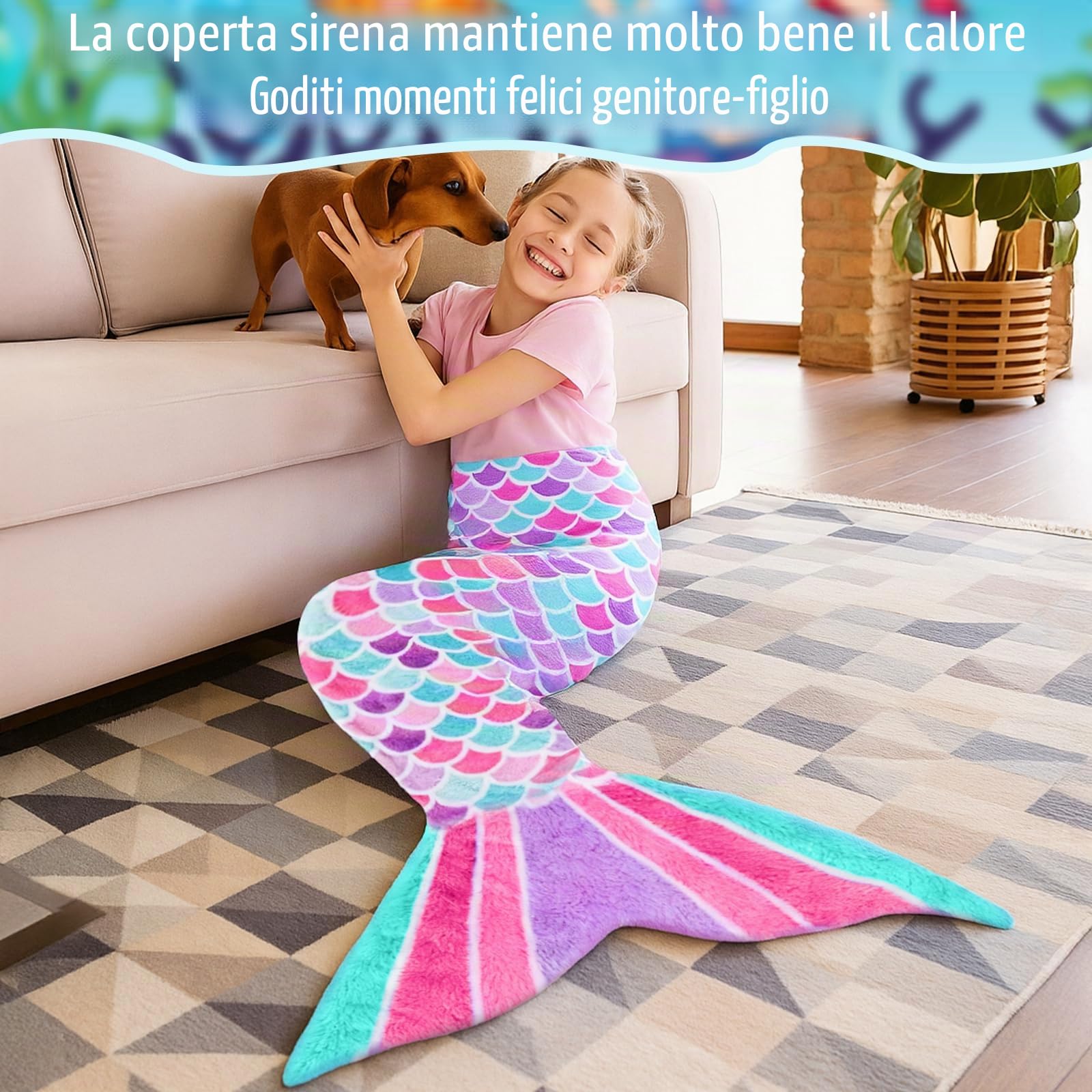 Coperta a Coda di Sirena, Coperta Sirena di Flanella Indossabile, con Braccialetto a Forcina Paillettes per Ragazze Bambini, Adatto per Halloween, Natale, 140 x 60cm