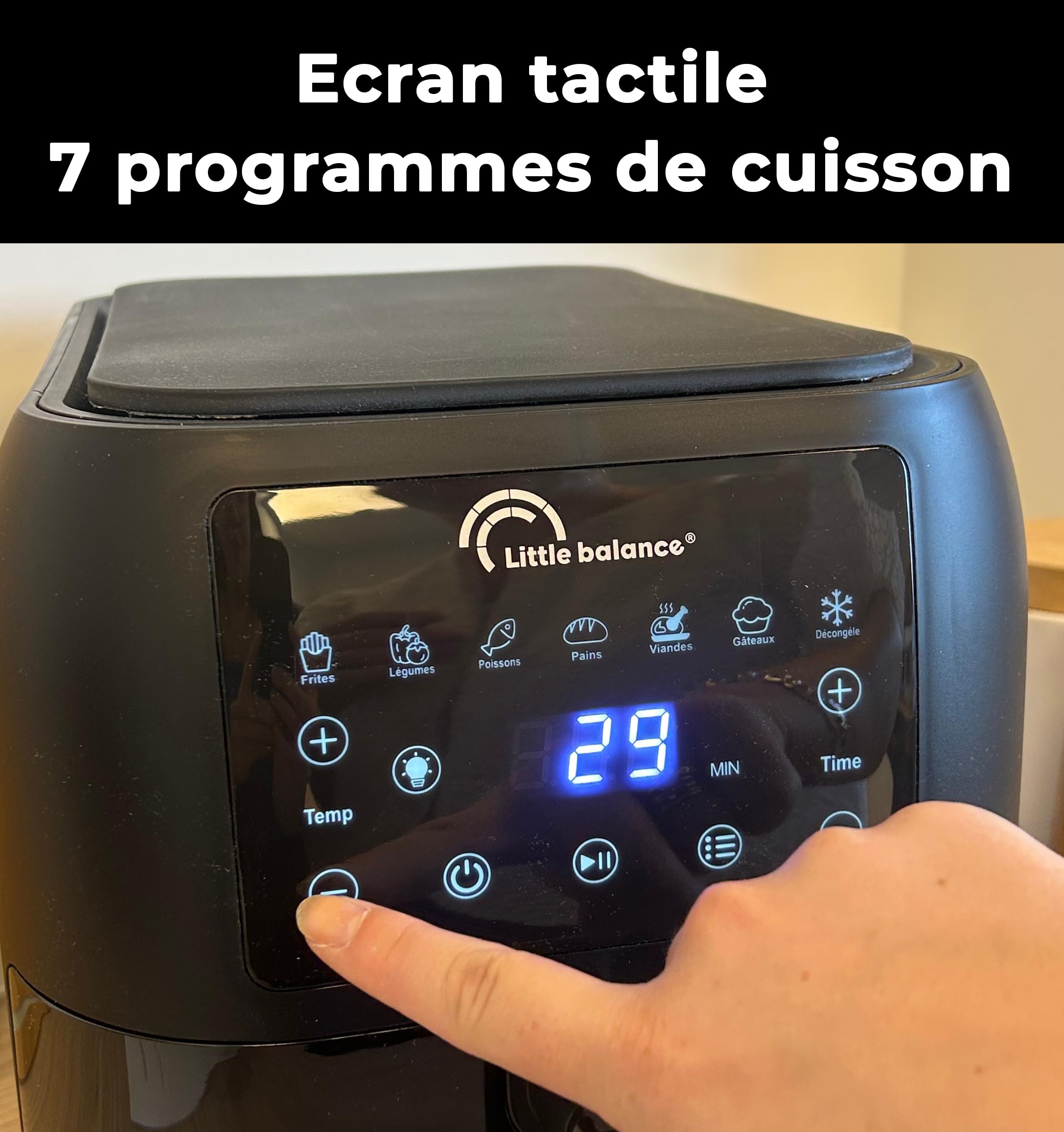 LITTLE BALANCE 8866 Crousty Light Long 8, Freidora sin aceite, Air Fryer, Sin PFAS, 7 programas predefinidos, 8 litros para 6 personas, 1700 W, Negro