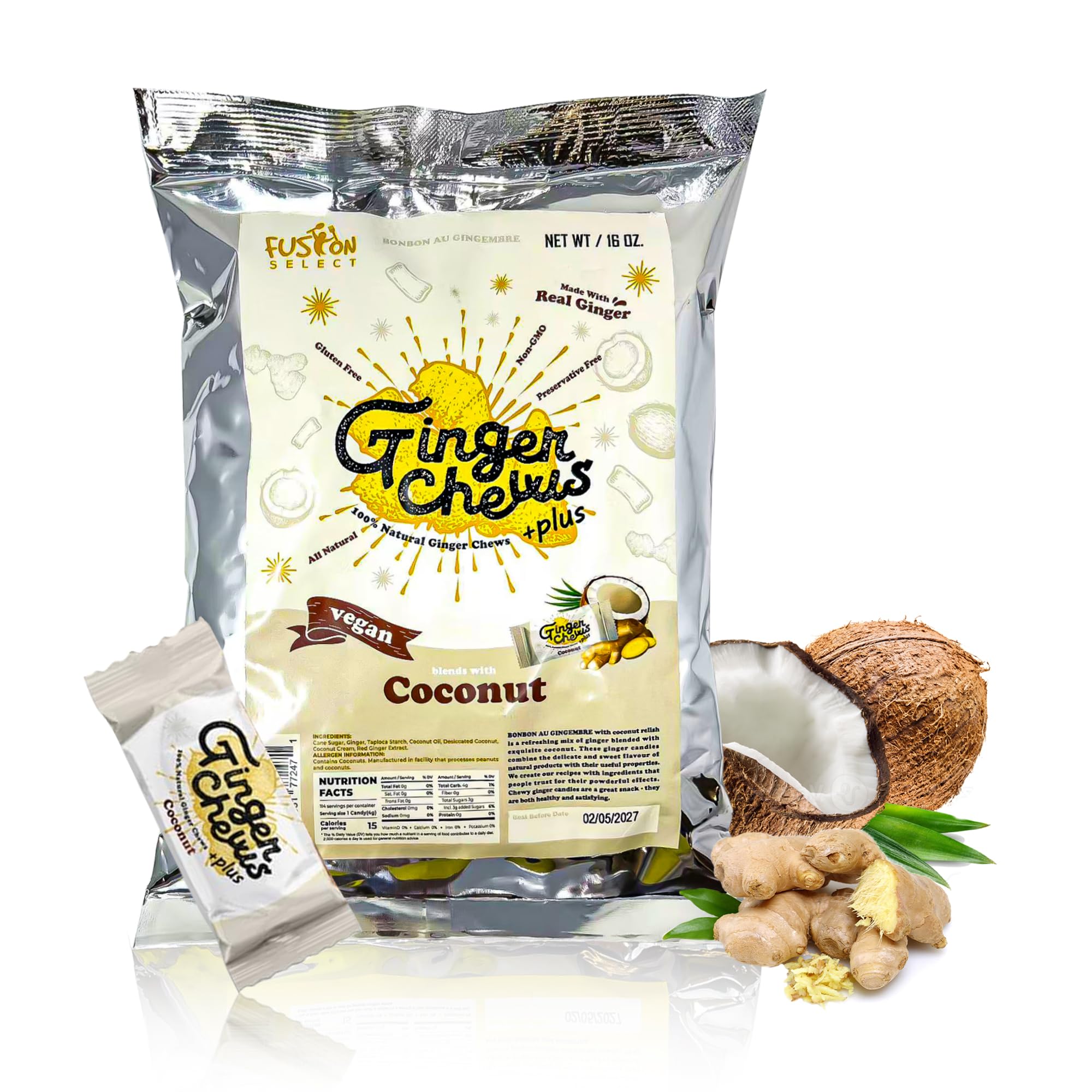 Fusion Select Ginger Chews - Sweet Soft Candied Delights From Indonesia - Promotes Relief From Morning Sickness, Upset Stomach - Made from Real Ginger