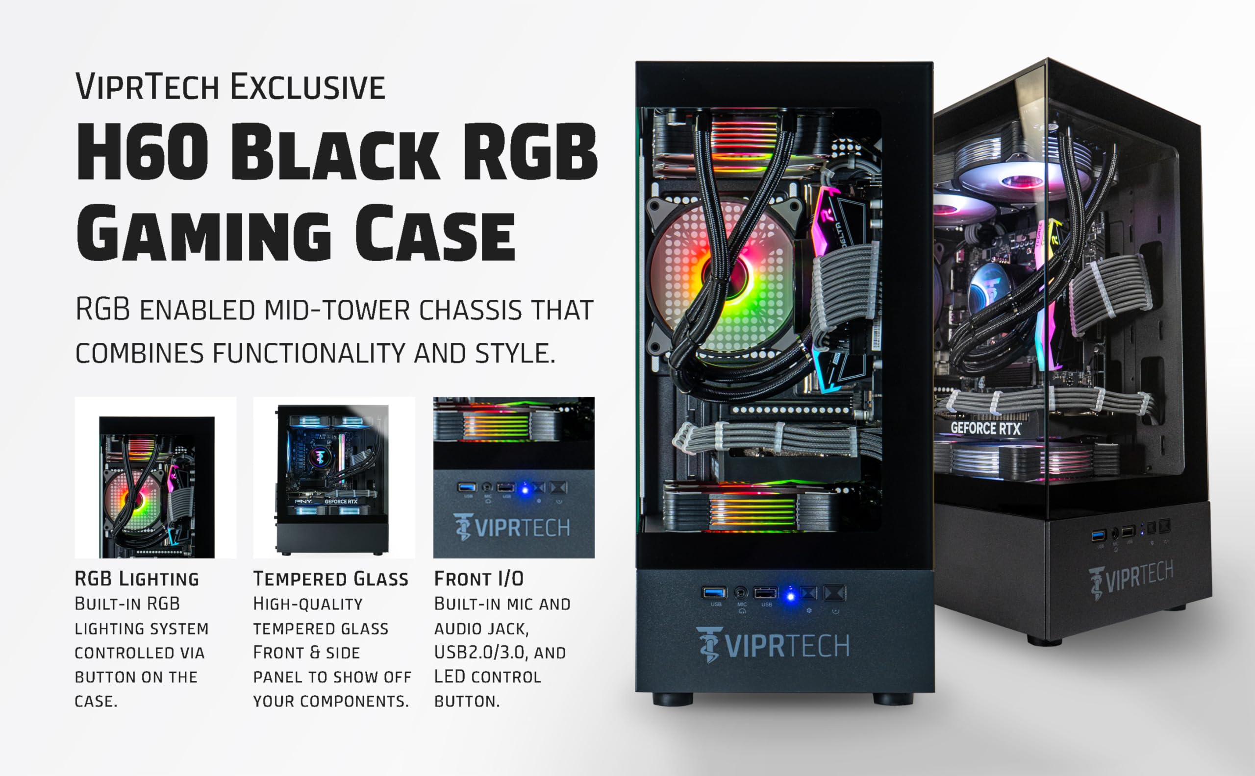 VIPRTECH Stryker 4.0 Gaming PC, Ryzen 7, RTX 5060 8GB, 16GB/1TB, Onyx Black | AMD Ryzen 7 4.4GHz Liquid Cooled, RTX 5060 8GB, 16GB DDR4 RAM, 1TB SSD, 700W PSU