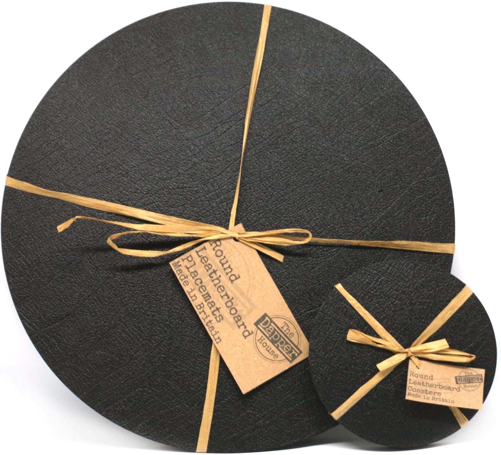 Set of 4 Classic Black Leatherboard Round Placemats and 4 Coasters - Made in UK
