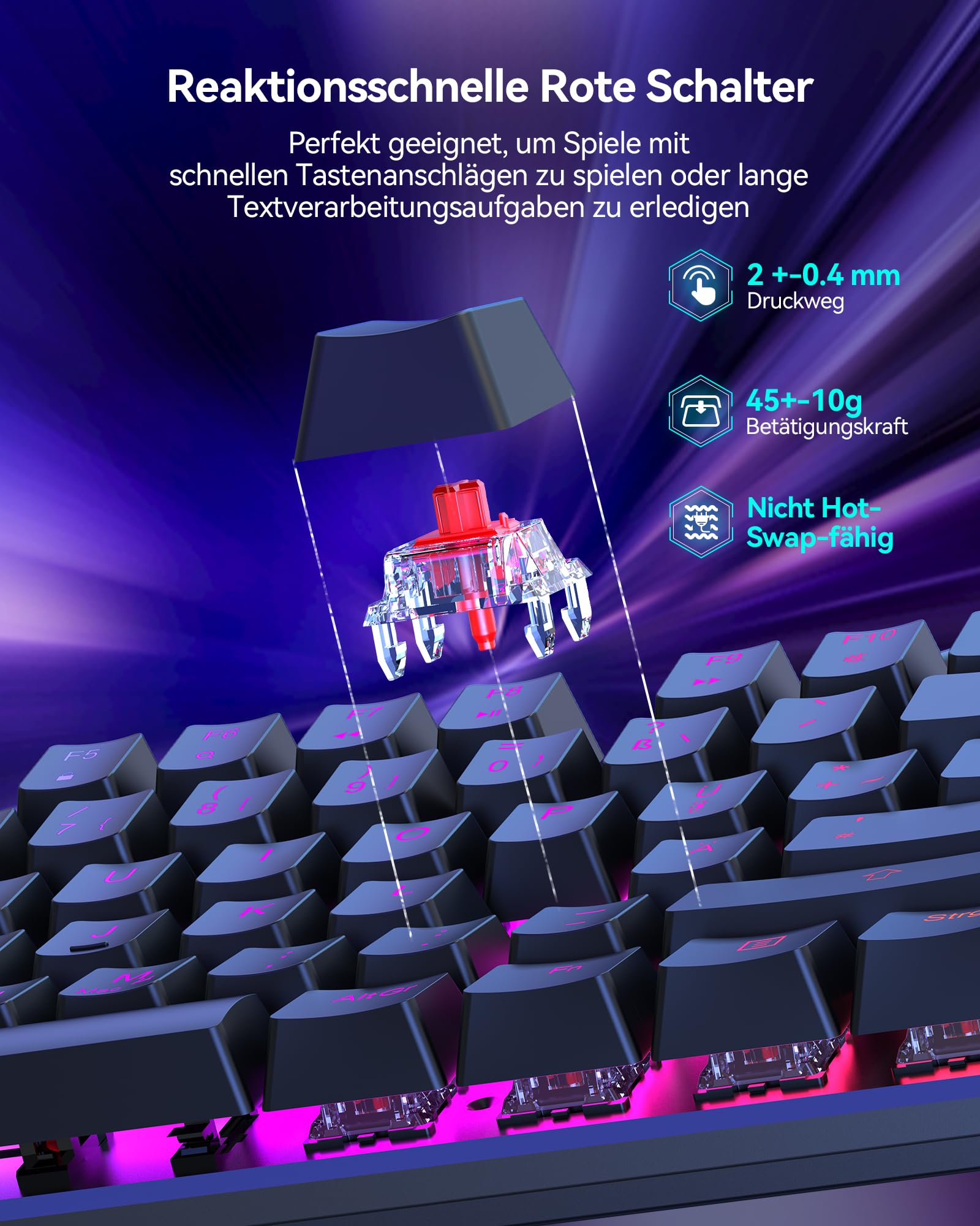 TECKNET Mechanische Gaming-Tastatur, QWERTZ-Tastatur (Deutsches Layout), roten Schaltern für Gamer & Büro, 109 Tasten kabelgebundene programmierbare Tastatur, Anti-Ghosting, 24 LED-Beleuchtungsmodi