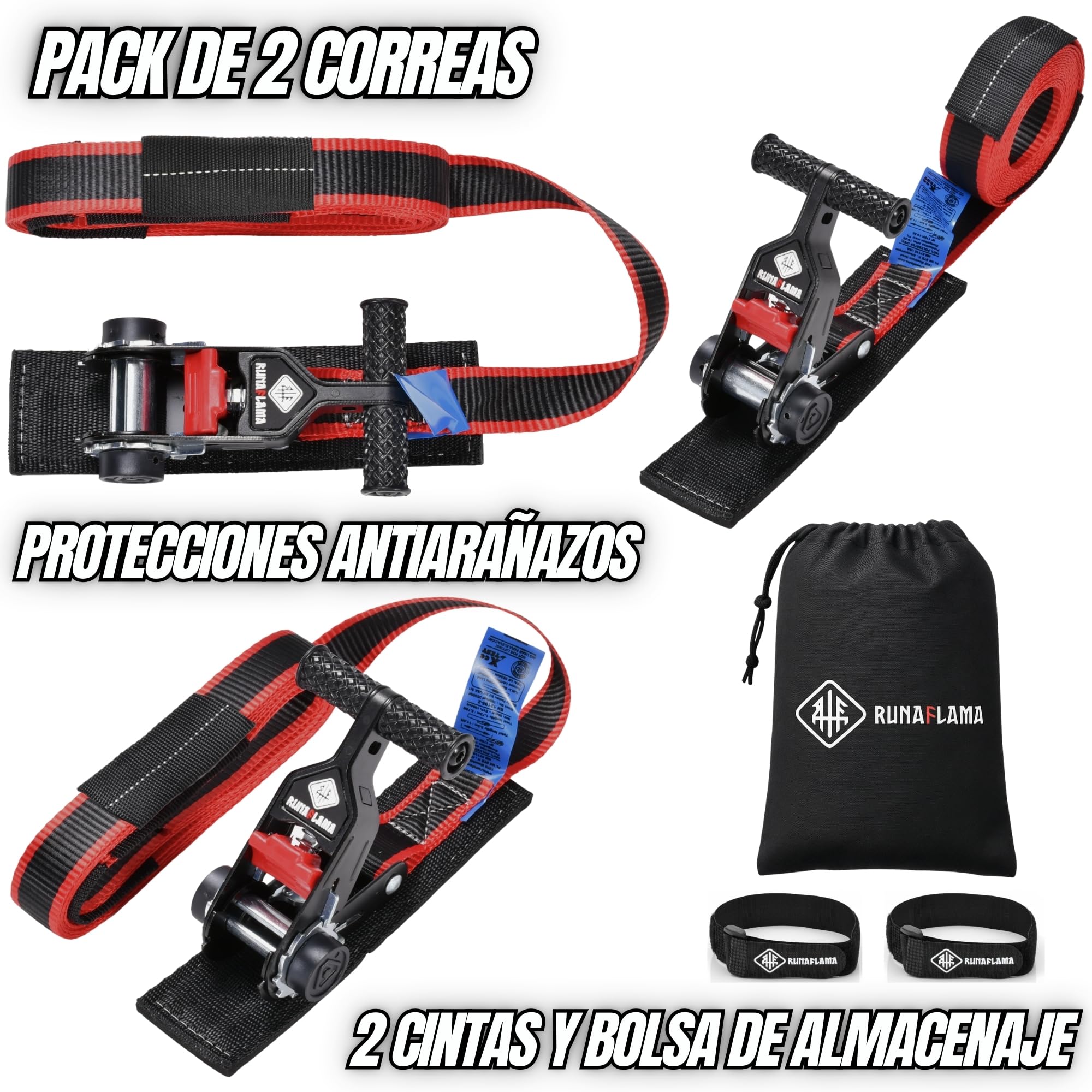 RUNAFLAMA - Cinchas de Amarre Carraca con Protección - Eslingas de Carga para Baca Coche, Surf, Kayak, Paddle - Trinchas de Sujeción a Portabicicletas - F. Rotura 1600 kgf/Cinta - 2 Correas de 3,5m — view 2