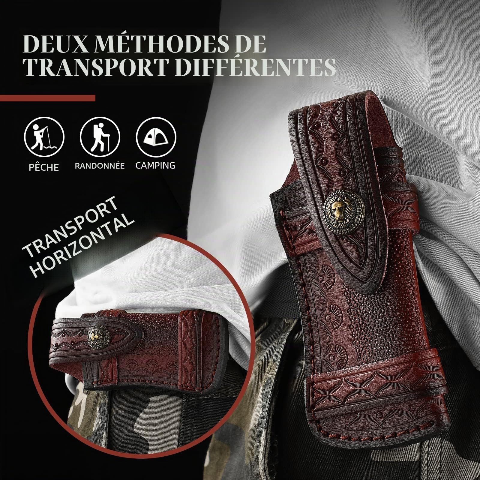 Omesio Fourreau Couteau Cuir Véritable 9 à 13,4 cm Étui Ceinture Horizontal | Compatible avec les couteaux pliants jusqu'à 13,4 cm, port horizontal pratique pour un accès rapide et sécurisé.