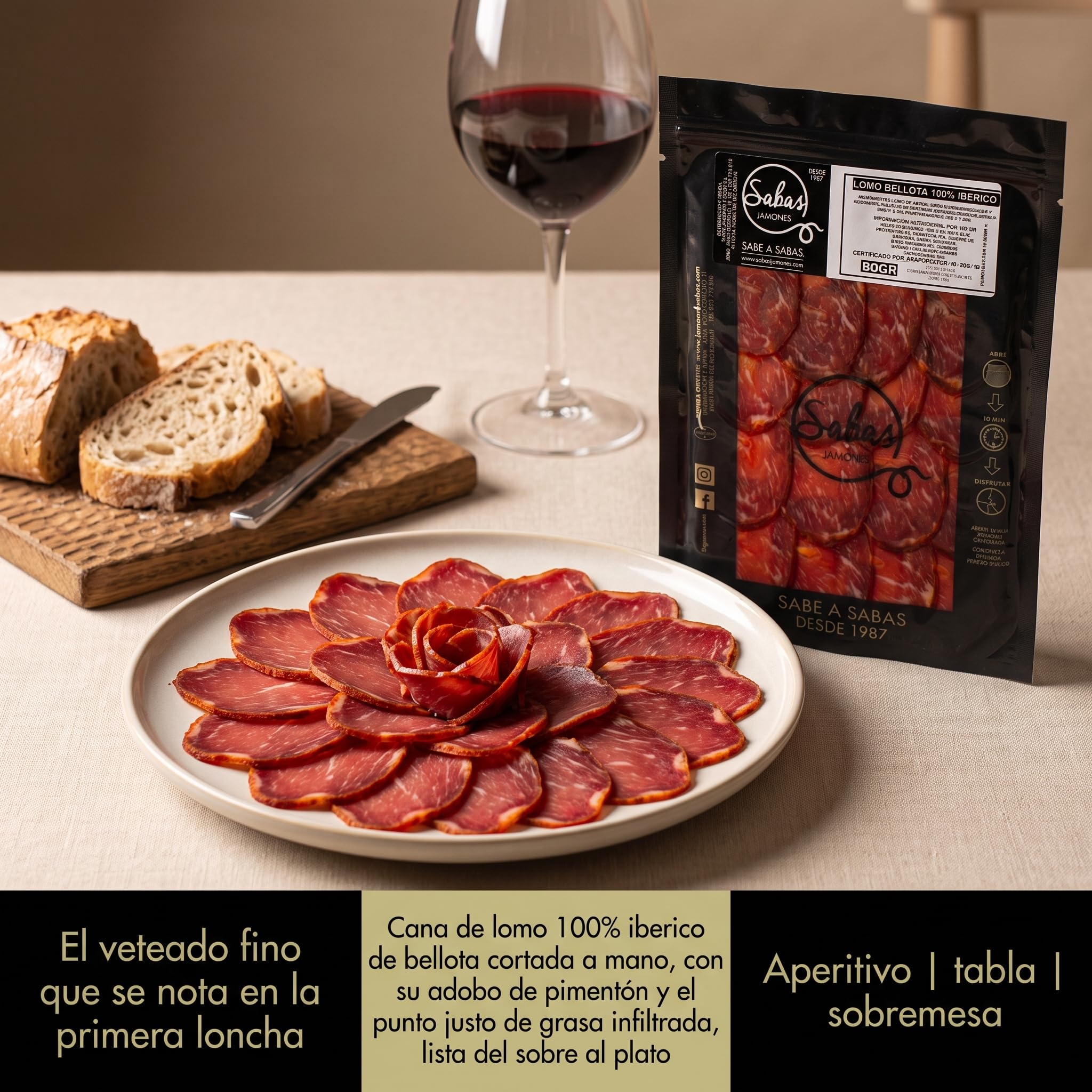 SABE A SABAS Lomo Bellota 100% Iberico Cortado a Mano Caña de Lomo de Jabugo Loncheado 6 Sobres de 80g lomo Iberico 100% curacion natural Tabla Aperitivo Picoteo Regalo Gourmet lo mejor de la Dehesa