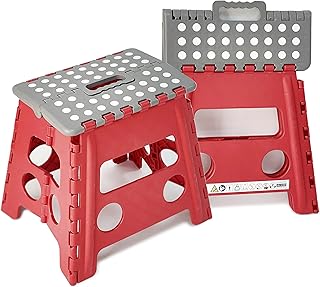 Sgabello multiuso pieghevole con manico, 32 cm di altezza, versatile per campeggio, pesca e lavori puntuali in giardinaggio, colore: rosso/grigio
