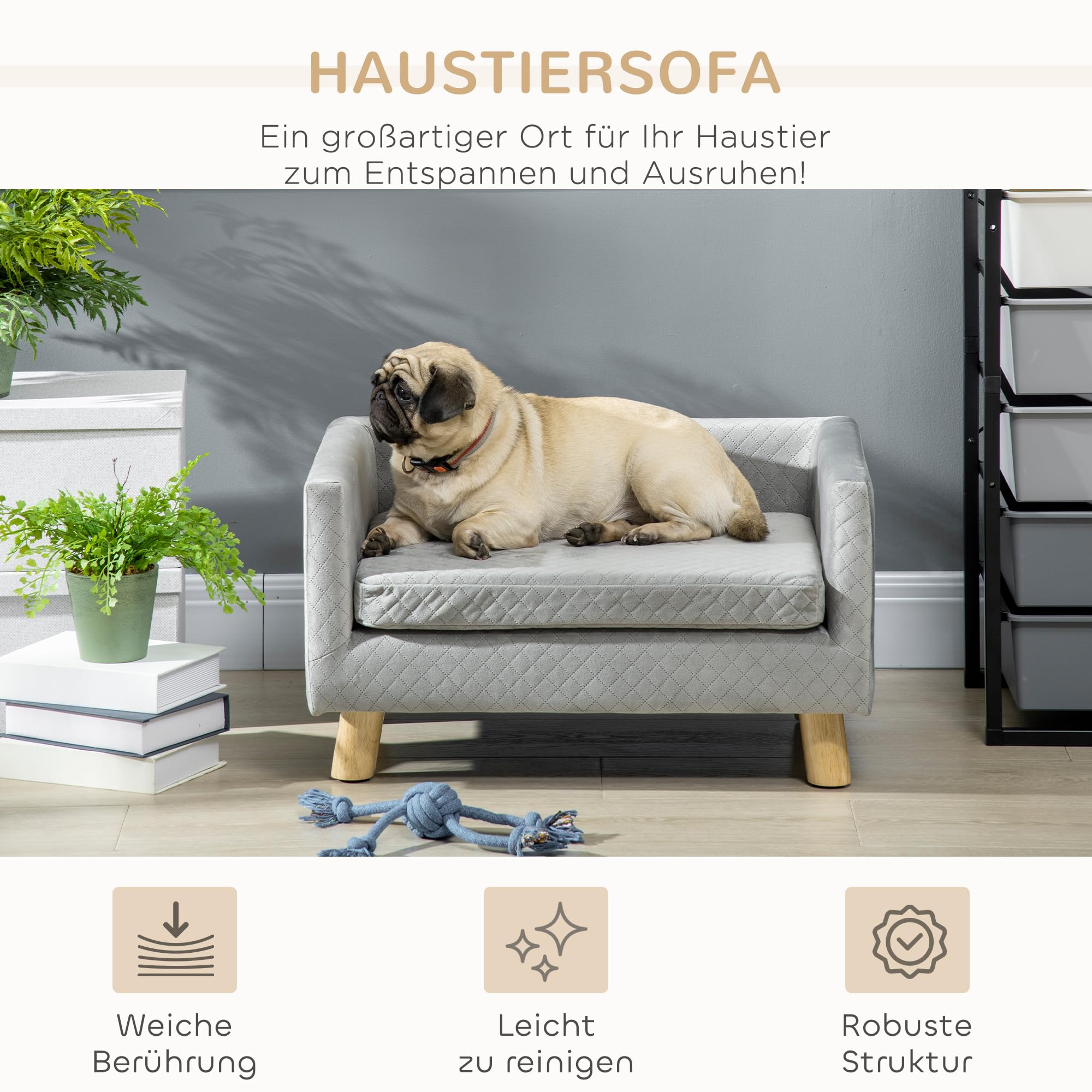PawHut Dog Sofa Pet Sofa with Raised Feet Dog Sofa Dog Bed with Cushion Dog Bed Cat Sofa Washable Velvet Grey 73.5 x 41 x 33 cm