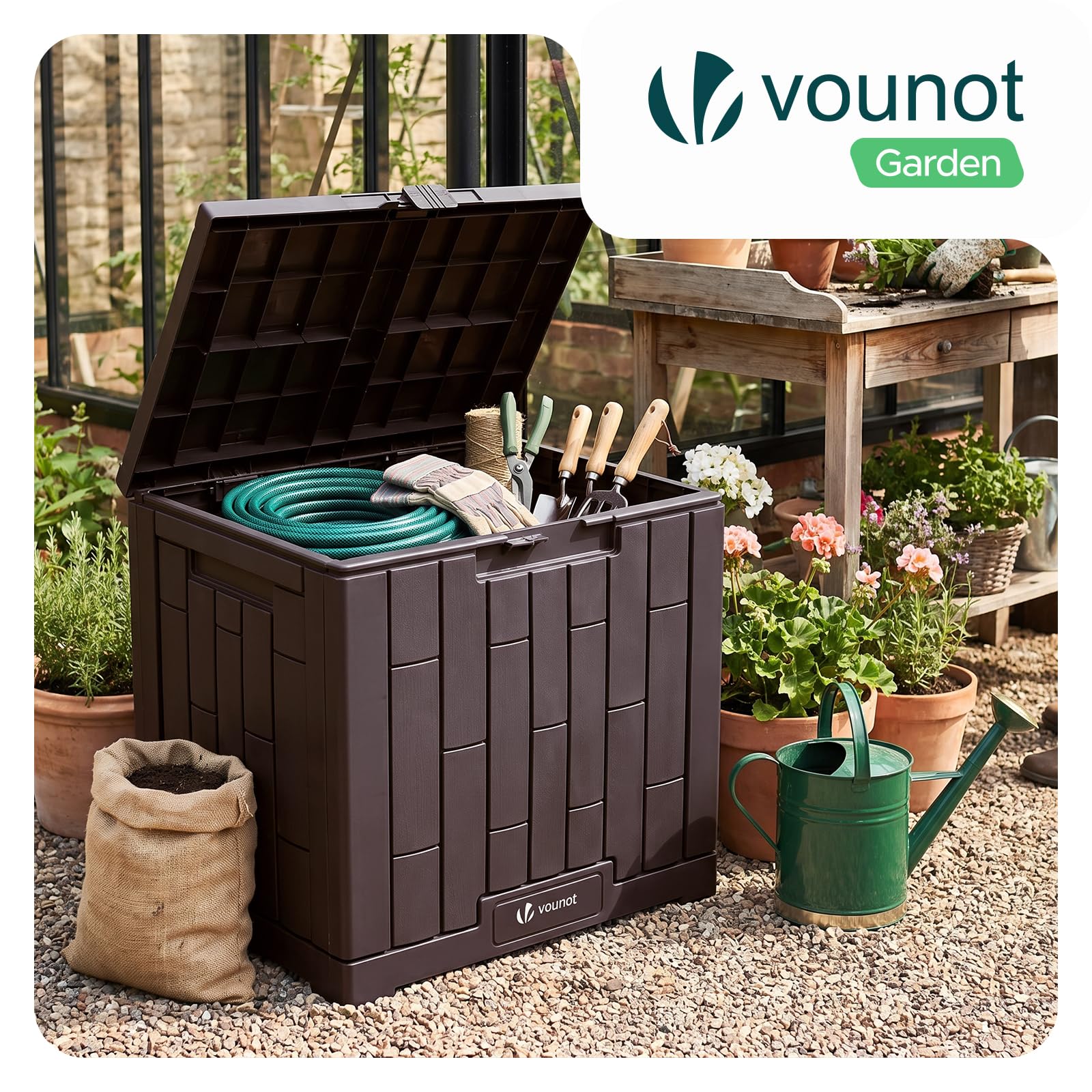 VOUNOT® Arcón Exterior Capacidad 126L PP Baúl Almacenaje Exterior con Cerradura Tapa y Asas Impermeable Caja de Almacenamiento Patio 56x44x53 cm Cofre para Ordenación de Jardín Balcón y Terraza Marrón