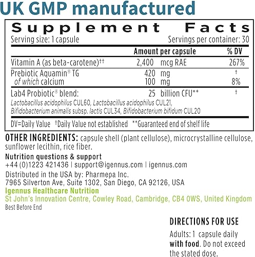 Miniatura 6 de Probióticos y prebióticos Igennus, Lactobacillus acidophilus y bifidobacterias, Live Cultures+ Lab4, garantizado 25 mil millones de UFC, para