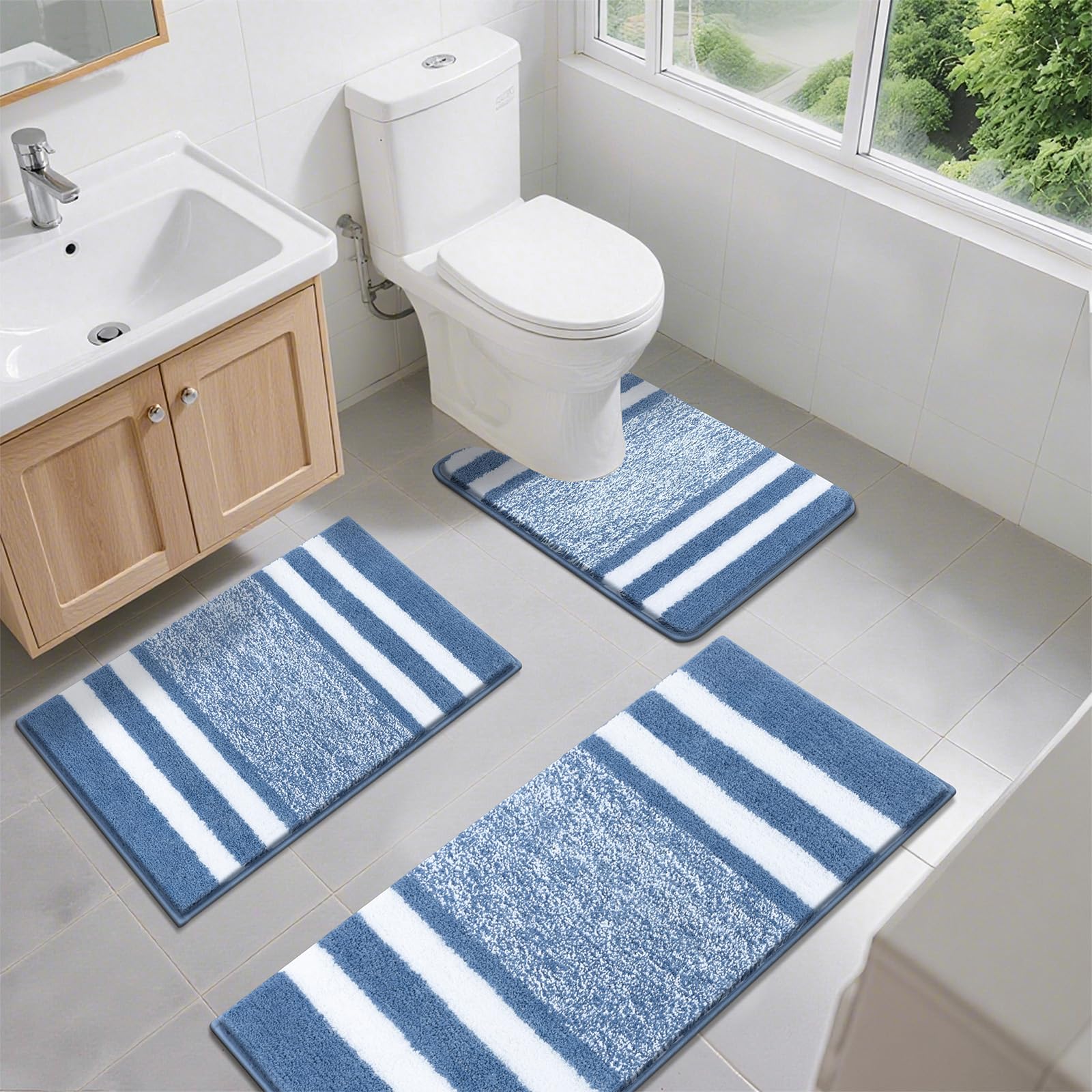 Pauwer Rutschfestes 3-teiliges Badematten- und WC-Vorleger-Set, super wasserabsorbierend, Badteppich Sets, maschinenwaschbar, Mikrofaser, zottelig, Duschbodenmatten für Badezimmer