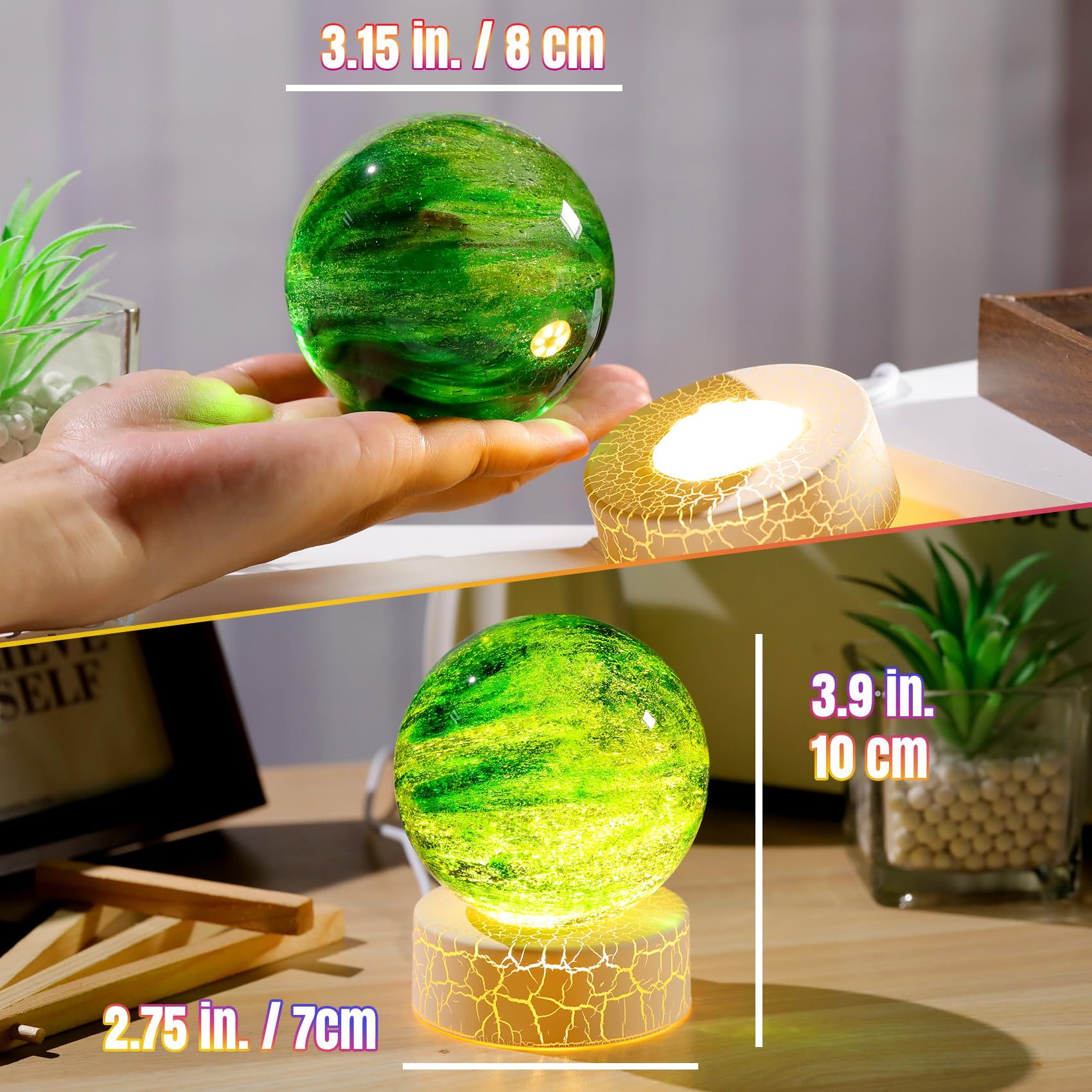 Movdyka Handmade 3.15" Crystal Ball Gifts for Man Cosmic with Warm Night Lights Blown Natural Witchcraft Crystal Meditation Sphere for Women Astronomy Ornament for Home Decor (Green) - Image 4