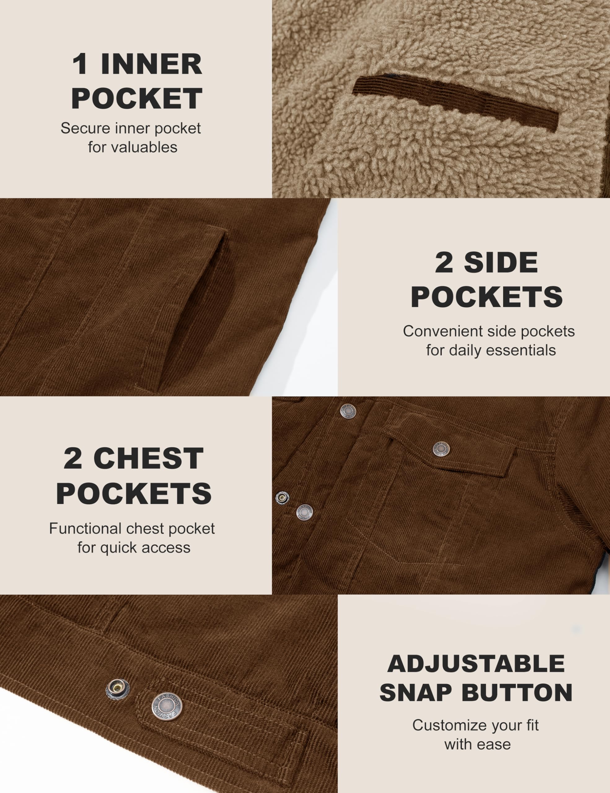 MAGCOMSEN Men's Corduroy Jacket Winter Sherpa Lined Warm Thick Trucker Cargo Coat with 5 Pockets