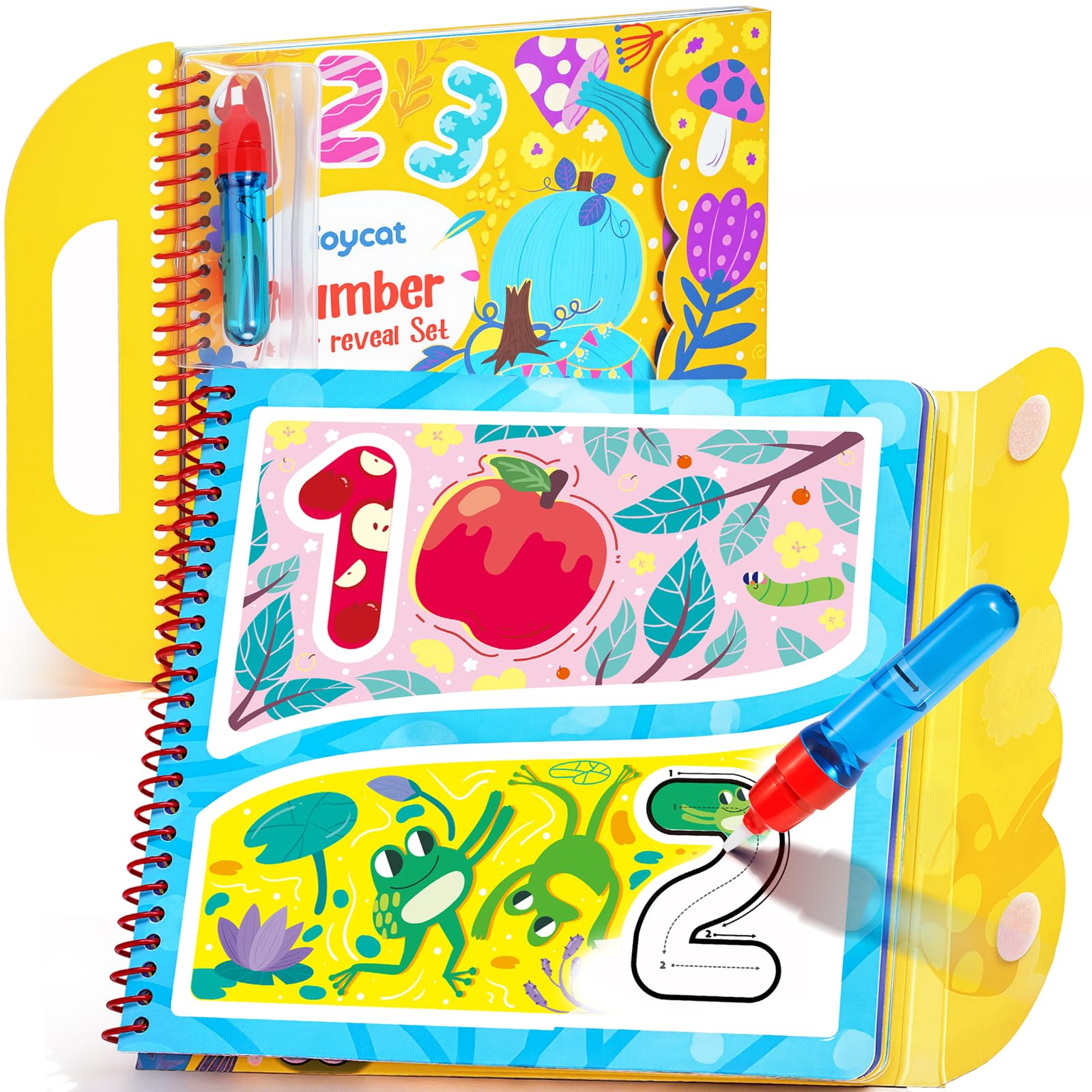 JoyCat Water Coloring Book for Toddlers 3-5, Reusable 14 Activity Pages with Water Pen for No-Mess Drawing, Preschool Learning Number Tracing Toys, Birthday Gift Boys Girls