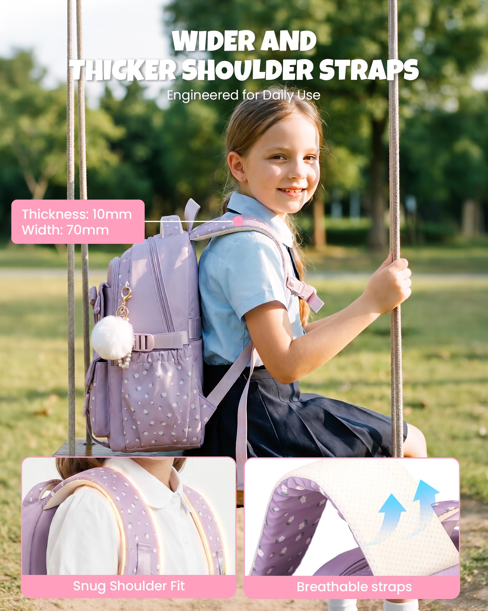 Amythe Schulranzen Mädchen Teen 6-15 Jahre Wasserdicht Junior, Lila | Laptopfach Oberstufe Leicht Lila Daypack Multitasche Geräumig Robust für Schule Reisen Wandern Freizeit