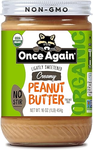 Once Again Mantequilla de maní cremosa orgánica, sin agitación, ligeramente endulzada, tarro de 16 onzas