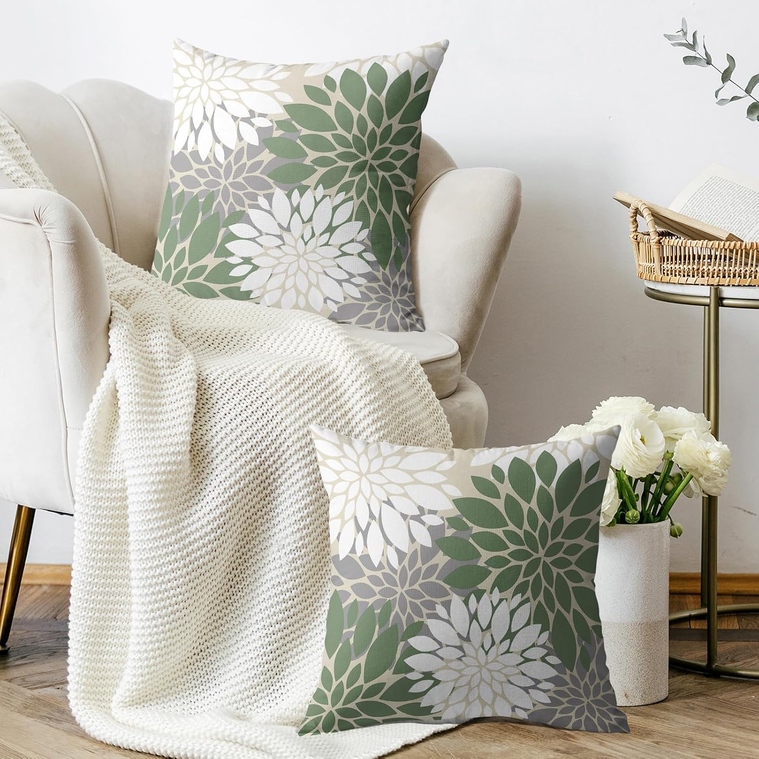 Sage Green White Grey Gray Pillow Covers 18X18 Inch Set of 2, Spring Modern Geometry Dahlia Floral Print Decorative Throw Pillow Covers Outdoor Farmhouse Cushion Case for Couch Sofa Bed Decor