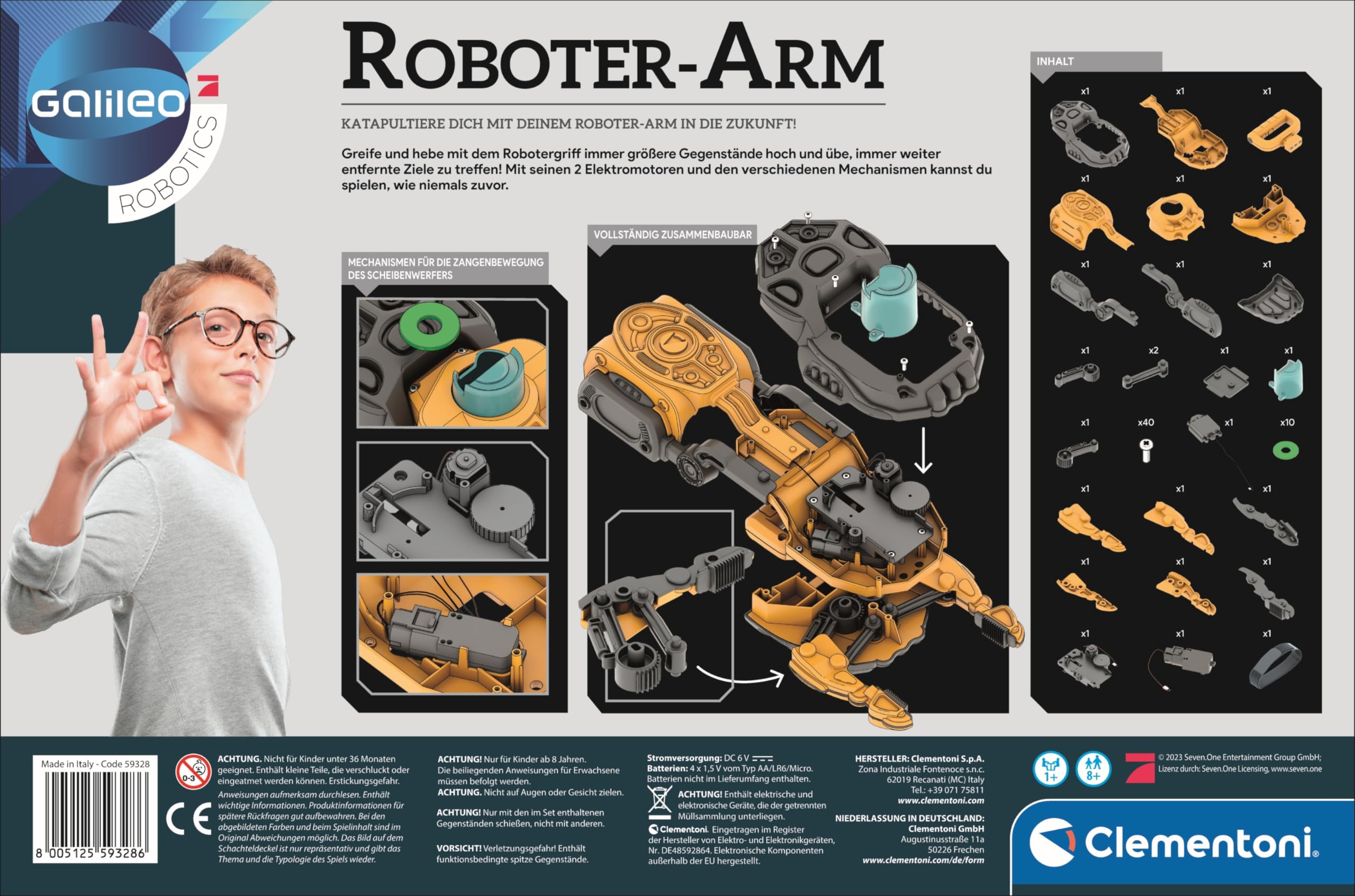 Clementoni Galileo Robotics 59328 ramię robota, robotyka dla małych inżynierów, mechanika i technika, zabawka dla dzieci od 8 lat