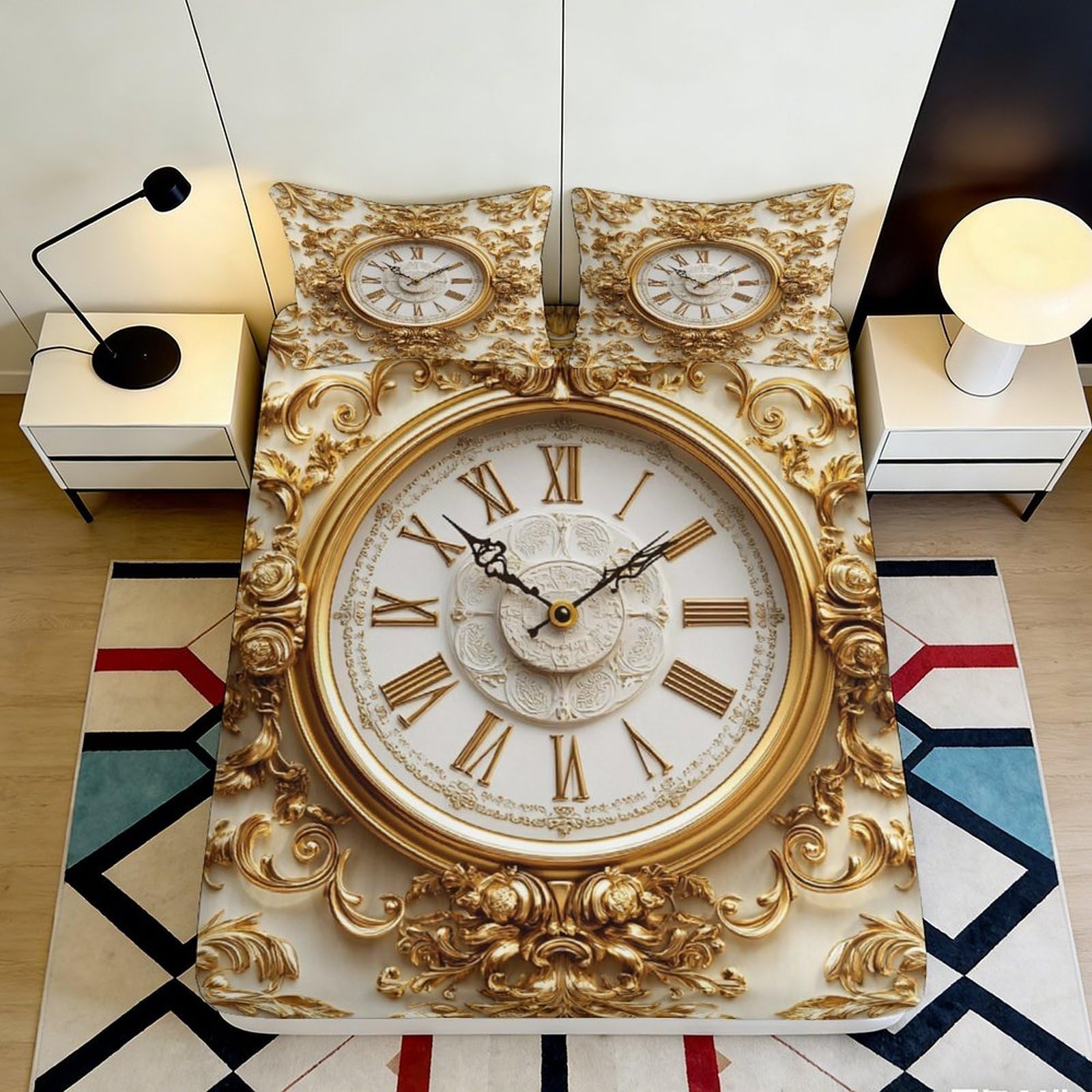 3D Printed Vintage Clock Fitted Sheet Microfiber Deep Pocket Non-Slip Bedding Clock Mattress Fitted Cover Washable Bedroom Protection 140x200x25cm