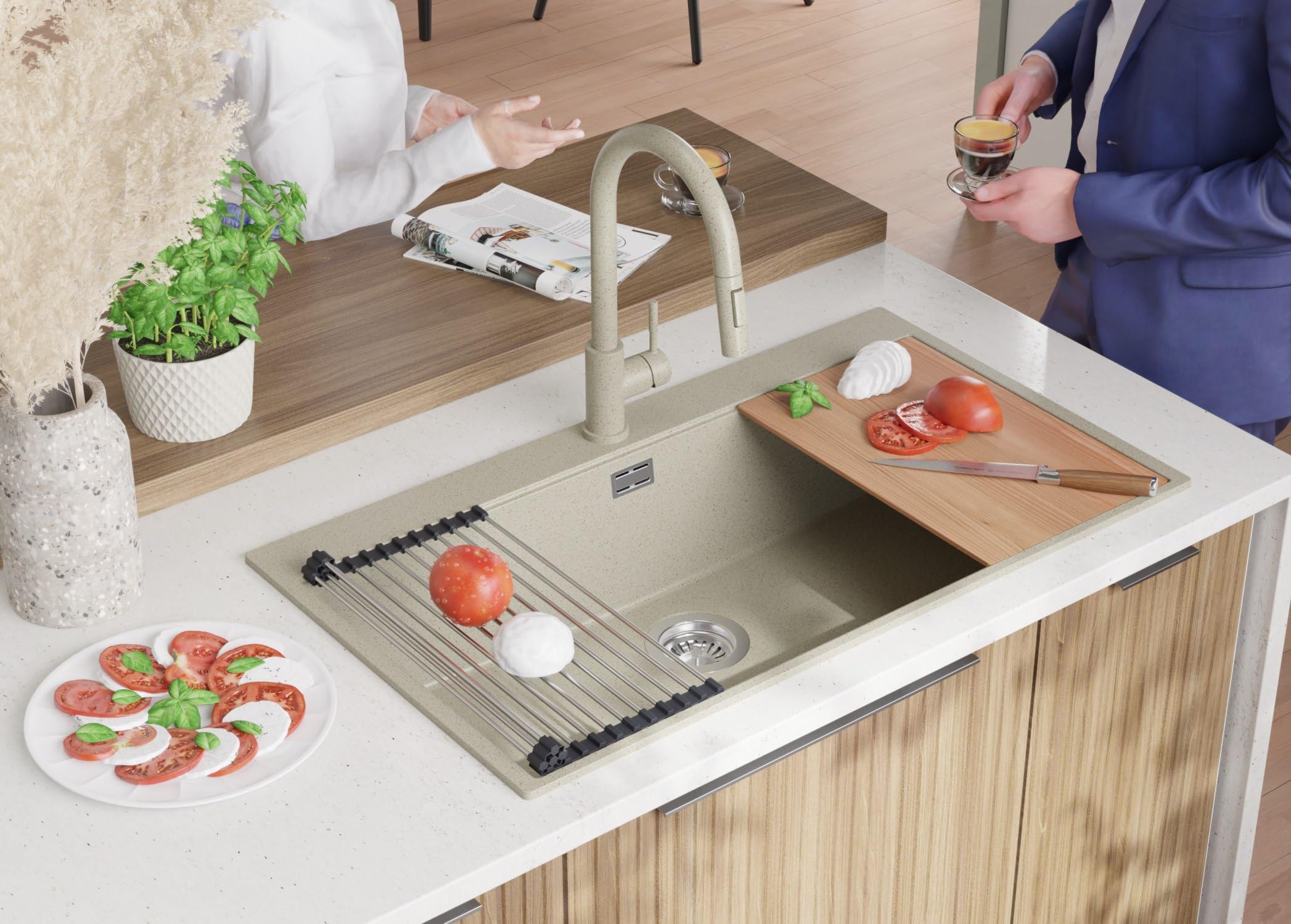 PRIMAGRAN Fregadero Granito Todo Beige - Oslo 90 Top, 88x50cm | Cocina 1 Seno + Grifo 40x20cm + Set de accesorios, sobre Encimera al Mueble 90cm (S702)