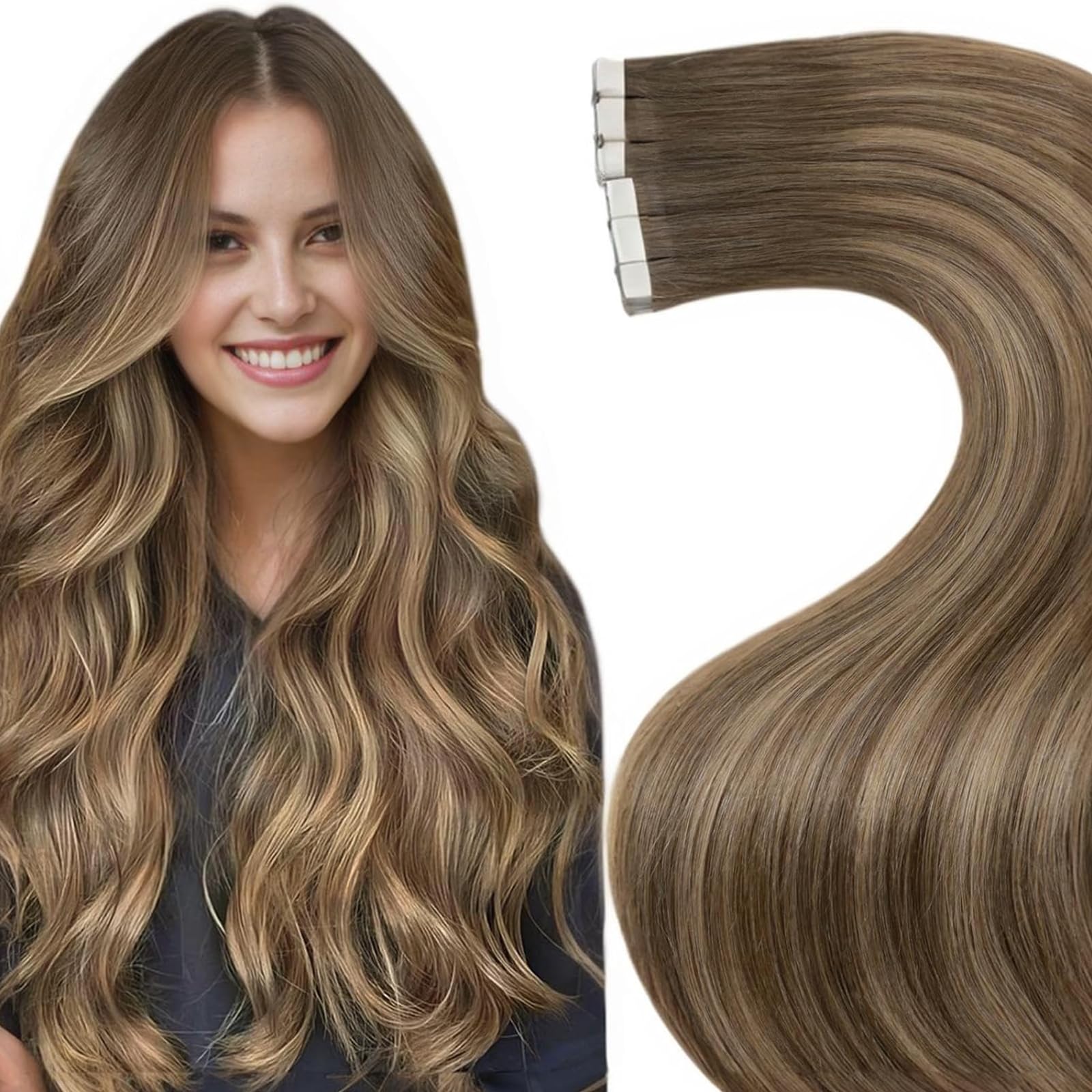 LaaVoo Tape in Hair Extensions Human Hair 50g Tape Hair Extensions Real Human Hair Invisible Tapes Remy Straight Balayage Light Brown to Blonde Hair Double Sided Tabs 20pcs 18 Inch #8/16/8