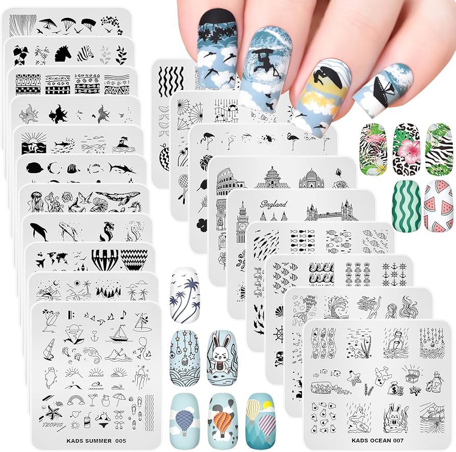 amazon-com-rolabling-20pcs-nail-art-stamping-plates-set-summer-vacation-ocean-beach-waves-travel-theme-image-plates-nail-art-design-template-print-nail-stencils-for-manicure-diy-beauty-personal-care