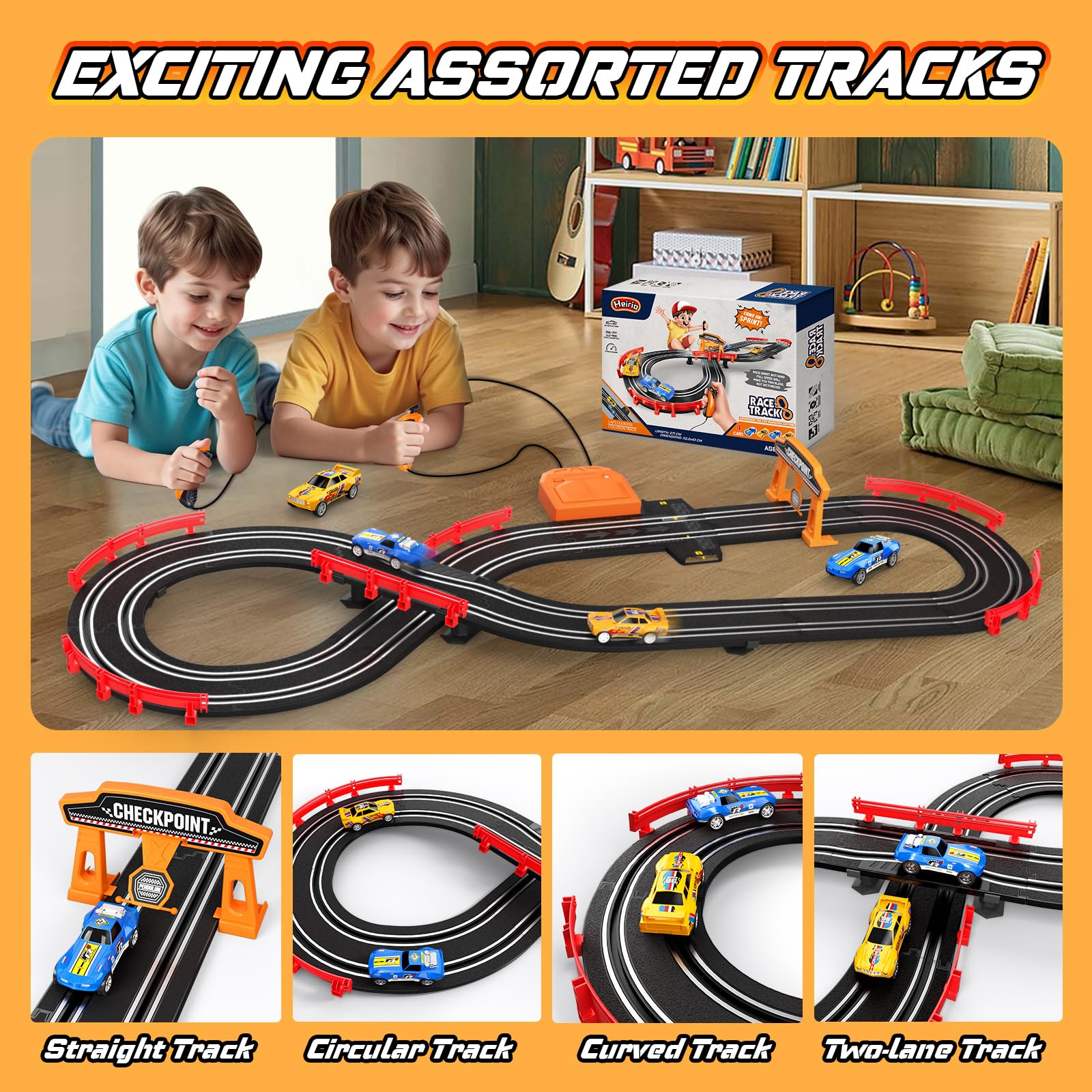 Heirio Slot Car Race Track Sets with 4 High-Speed Slot Cars, Electric/Battery-Powered Dual Car Track, Lap Counter, Controllers, Racing Car Game, Toys Gifts for Boys Girls Ages 5 6 7 8-12 Year Old Kid