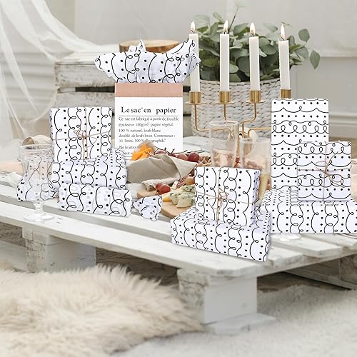 Miniatura 6 de Whaline 100 hojas de papel de seda de garabatos negros y blancos, papel de envoltura de regalo de línea garabateada negra, papel de regalo de