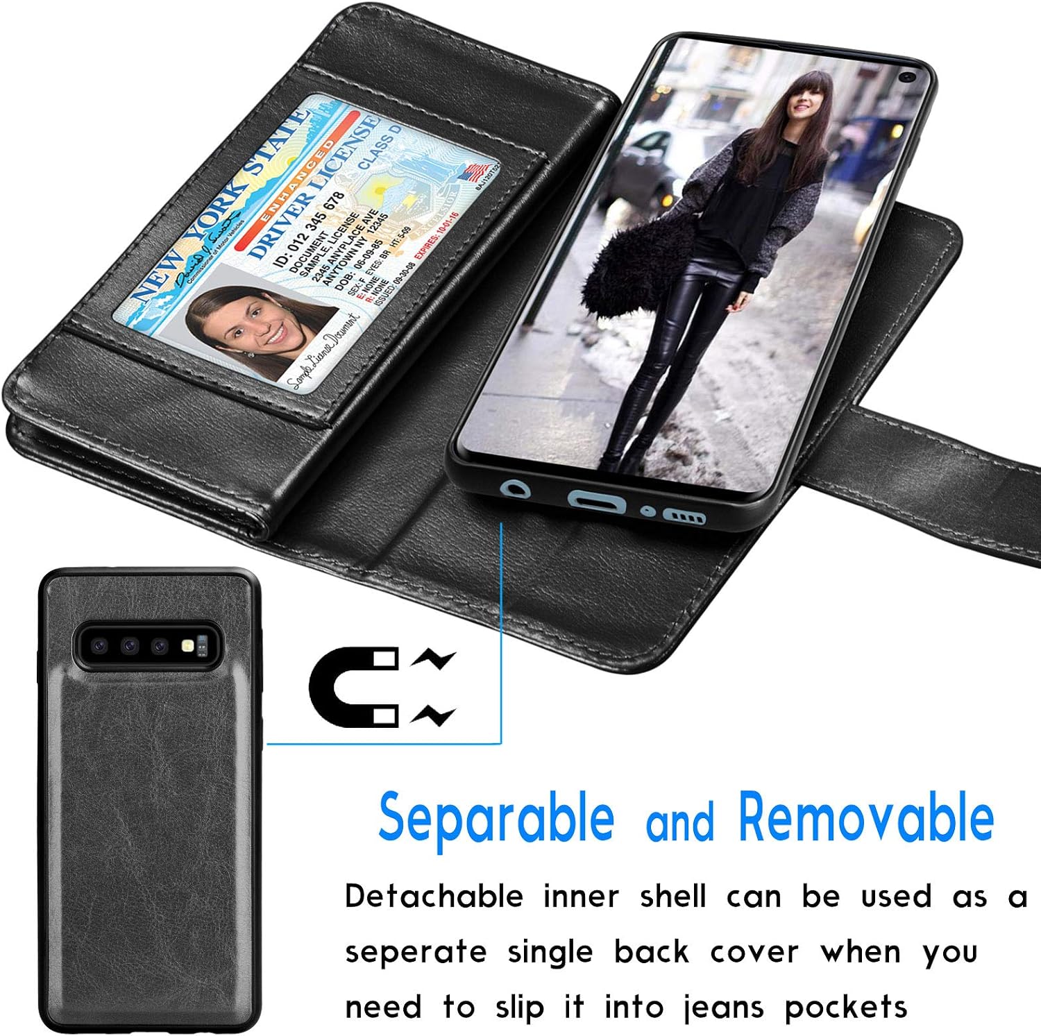 Tekcoo for Galaxy S10 Plus Case, for S10 Plus Wallet Case/PU Leather Case, Luxury Cash Credit Card Slots Holder Carrying Folio Flip Cover [Detachable Magnetic Case] Kickstand for Samsung S10+ Black