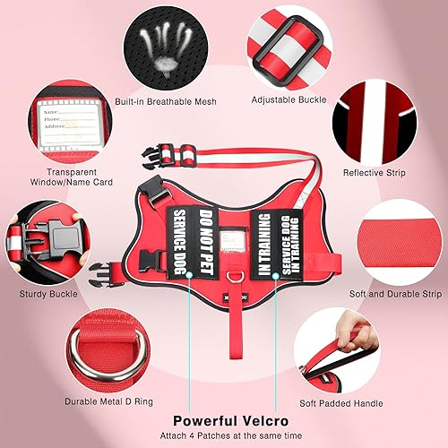 Miniatura 5 de Juego de arnés y correa para perro de servicio+10 parches, arnés reflectante para perro sin tirones y fácil de caminar con mango acolchado suave