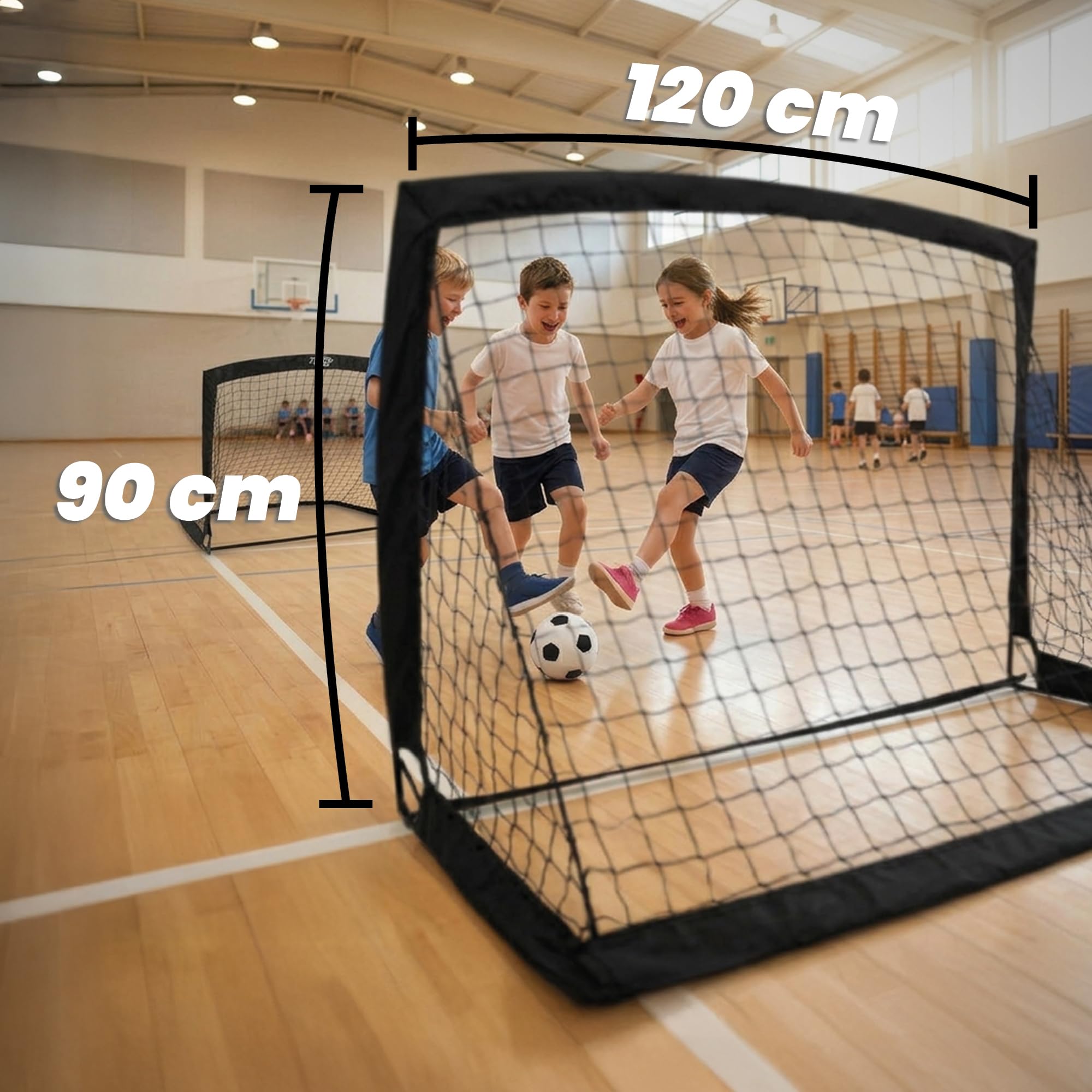 KYTO Set 2 Porte da Calcio Bambini con Rete, 90x120 cm | Struttura in metallo, ancoraggi a terra, pallone mini e pompa inclusi – ideale per giardino e parco
