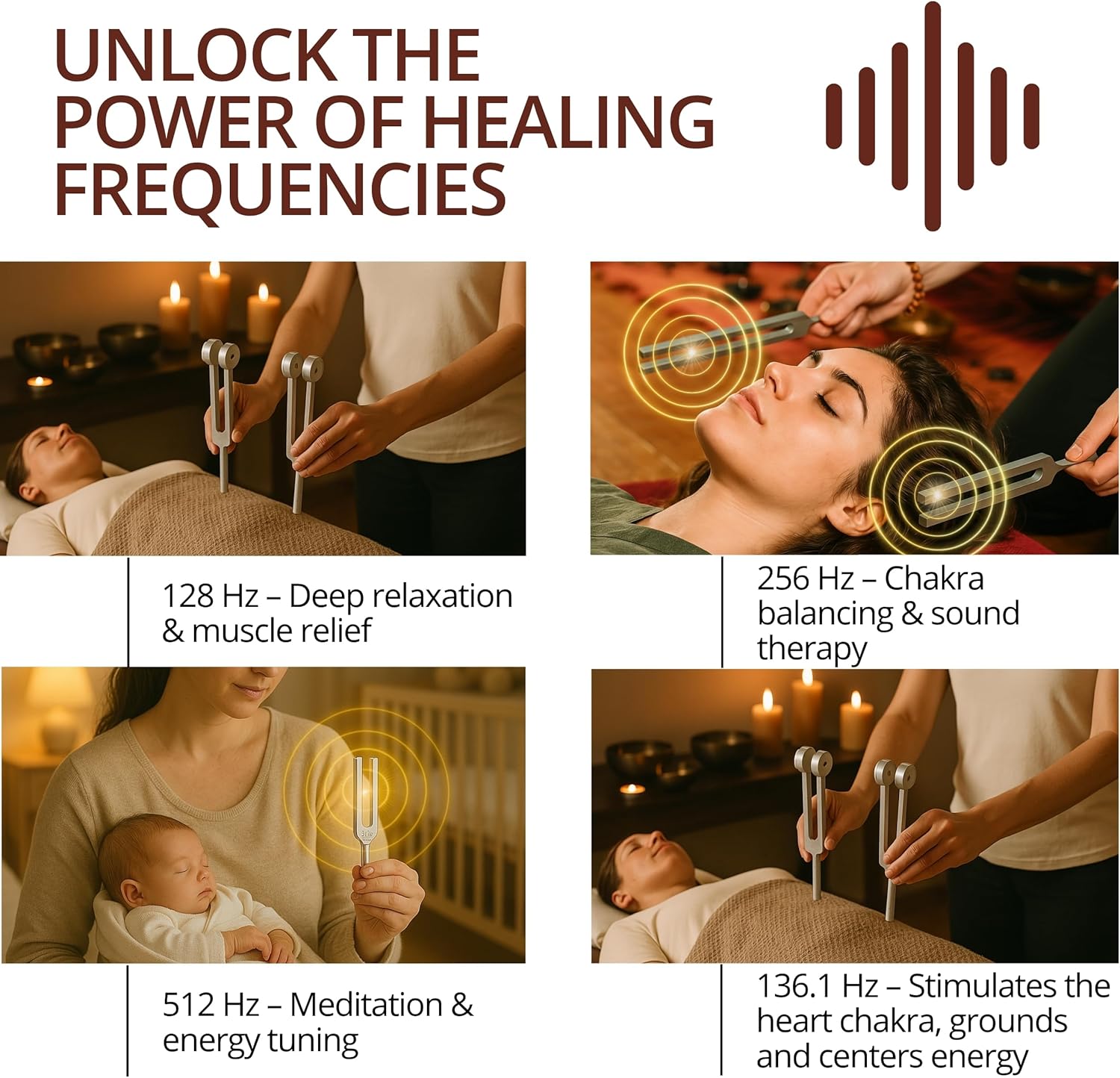 Tuning Forks for Healing Set – Weighted Chakra Tuning Fork Set 128Hz 136.1Hz 256Hz 512Hz with Sound Therapy Activator and Pouch Solfeggio Kit for Healing Therapy Meditation