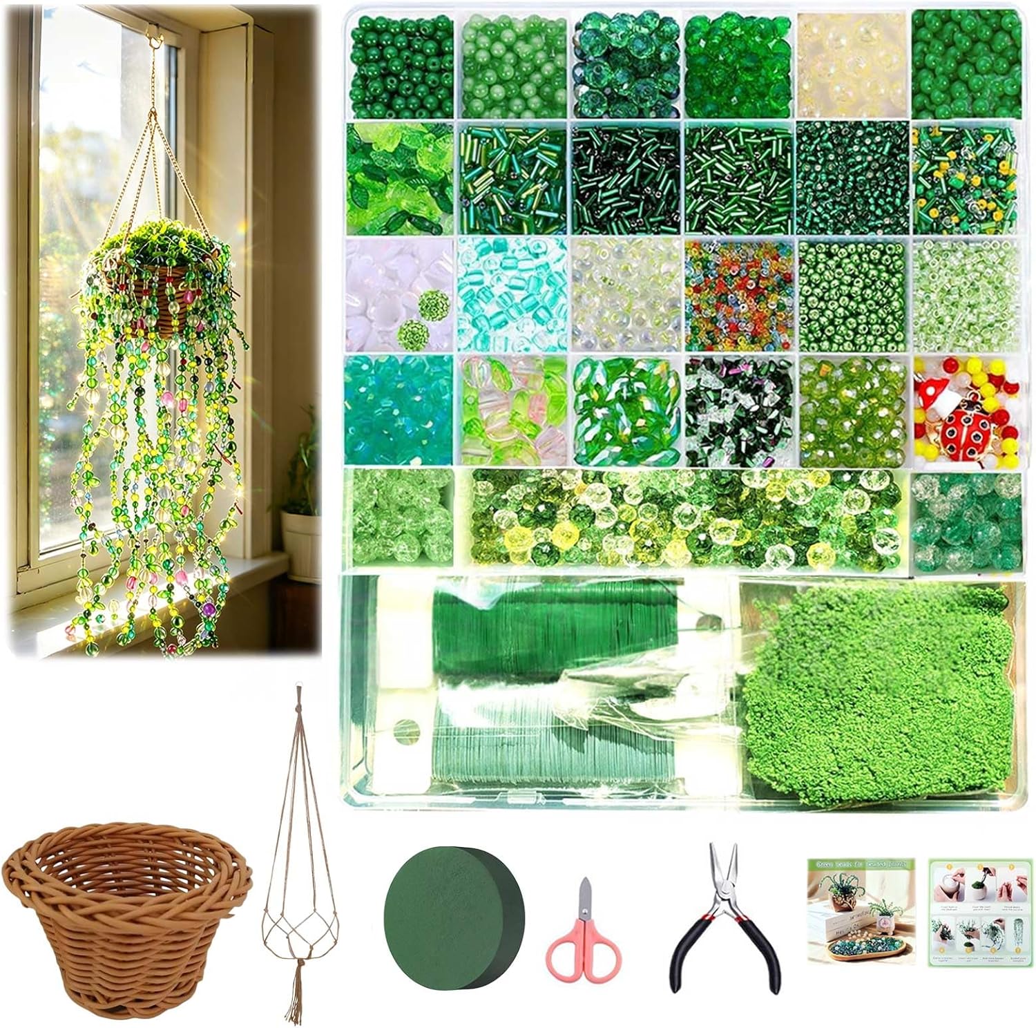 5500 PCS DIY Beaded Plant Kit, Green Glass Beads for Beaded Plants, Forever Plant, DIY Succulent, Gift with Pots and Moss (Set A)