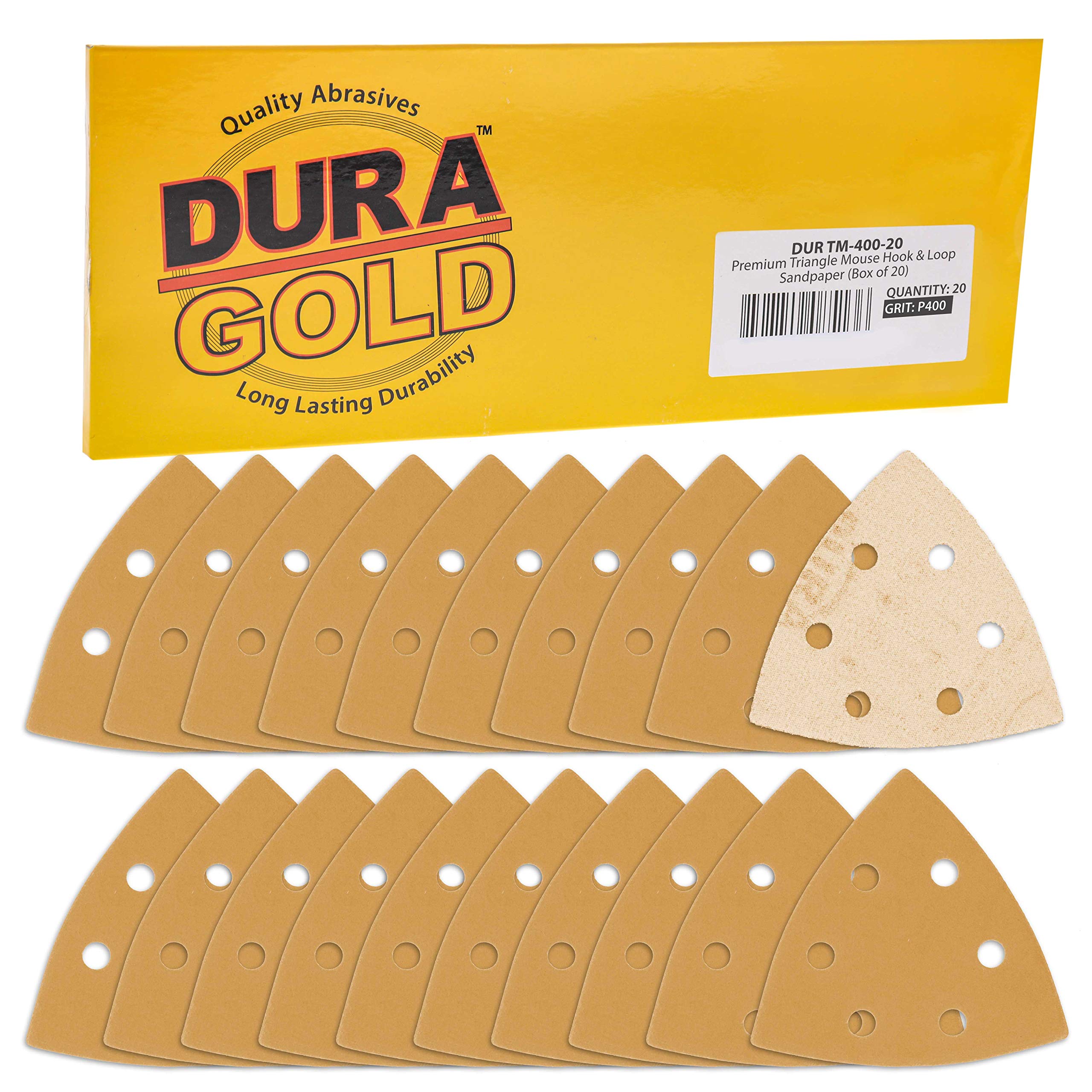 Dura-Gold Premium Triangle Oscillating Mouse Sanding Sheets - 400 Grit (Box of 20) - 6 Hole Pattern Hook & Loop Triangular Shaped Mouse Sander Discs -