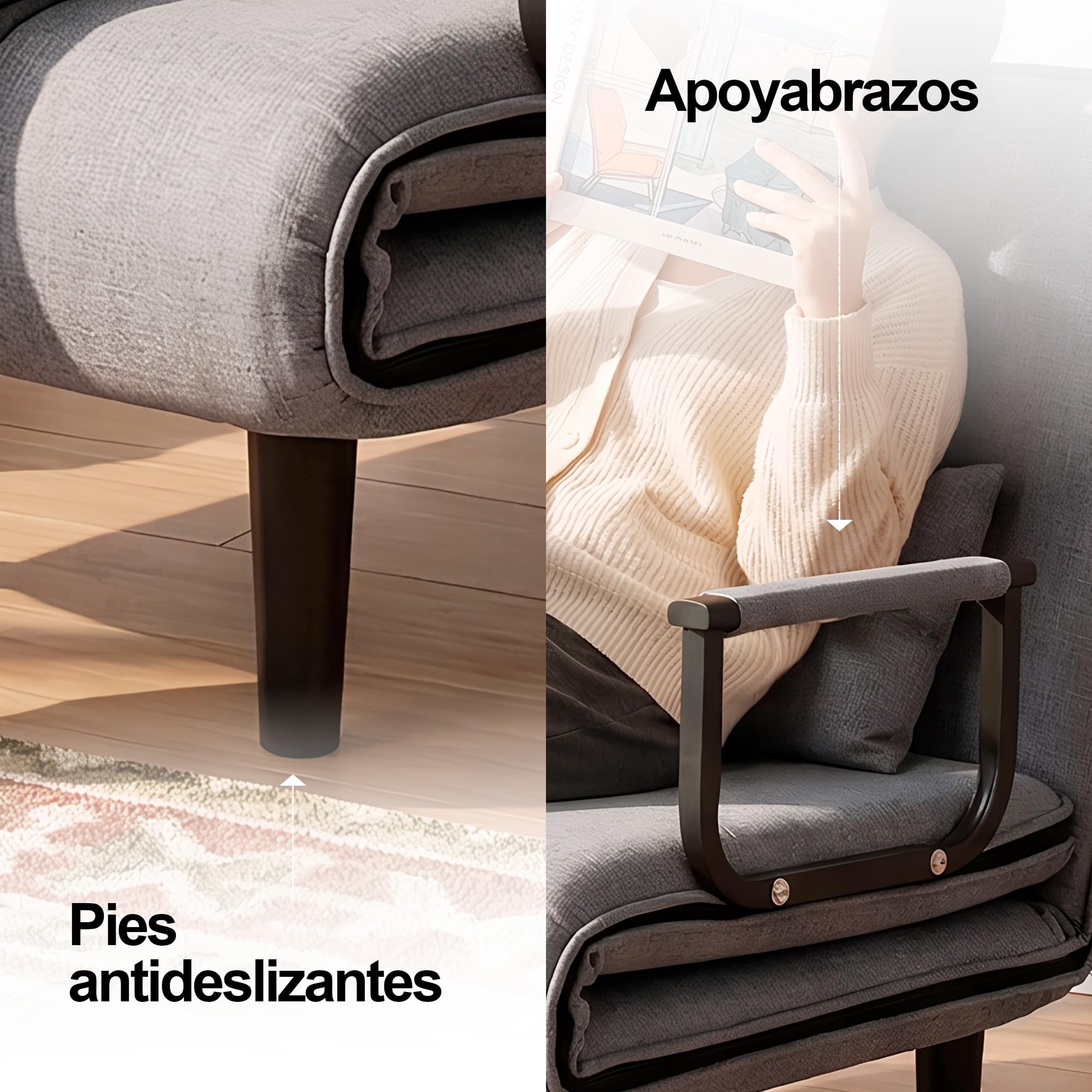 Unicview Sillón Sofá Cama Convertible 3 en 1, Sofá Reclinable, Sofá Individual Que se Convierte en Cama 190 cm Largo 65 cm Ancho, con Reposabrazos y Cojín, Ideal para Salón o Invitados, Gris